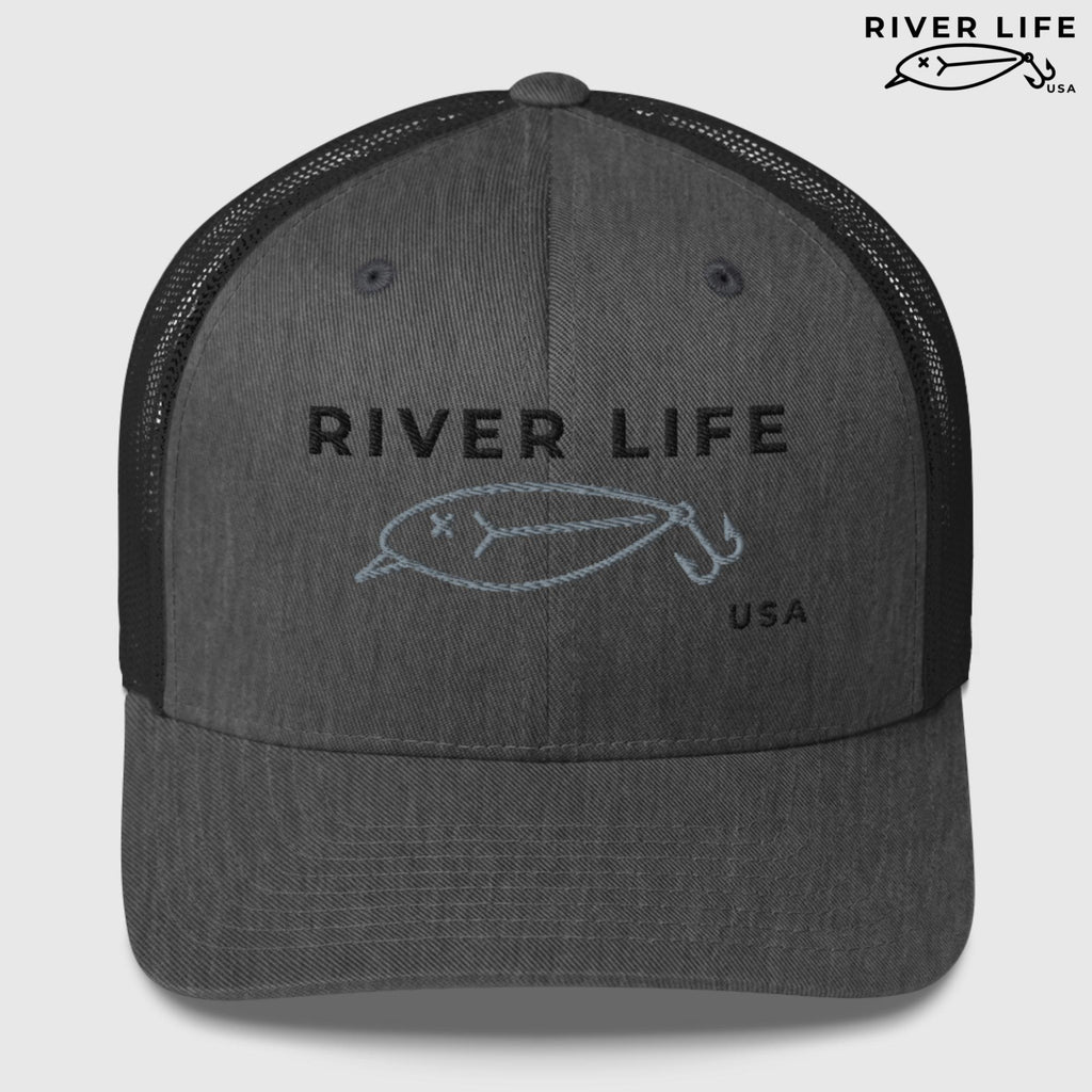 Lure Logo (black/gray embroidery) | Snapback Trucker Cap-Dark Heather Gray-River Life USA