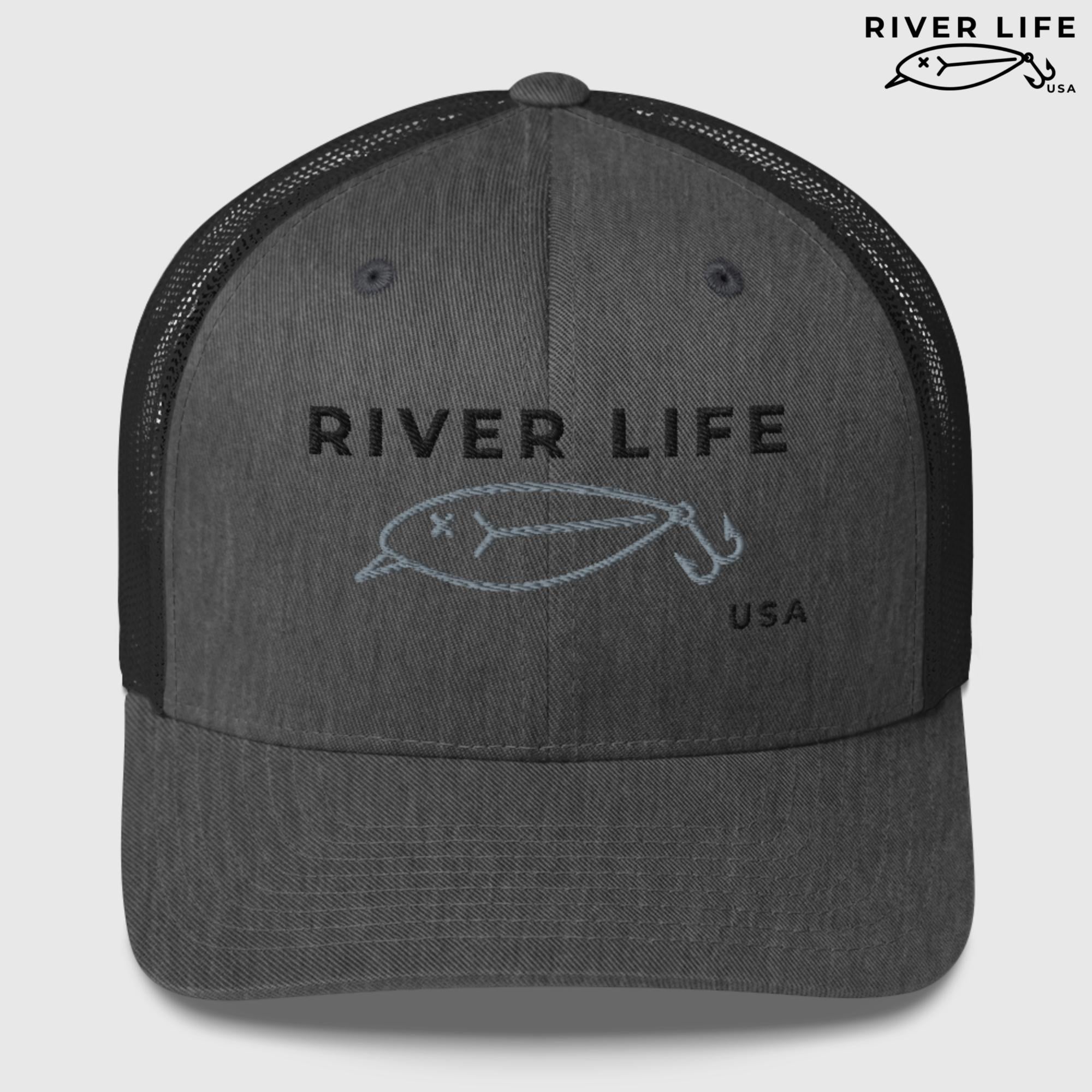 Lure Logo (black/gray embroidery) | Snapback Trucker Cap-Dark Heather Gray-River Life USA