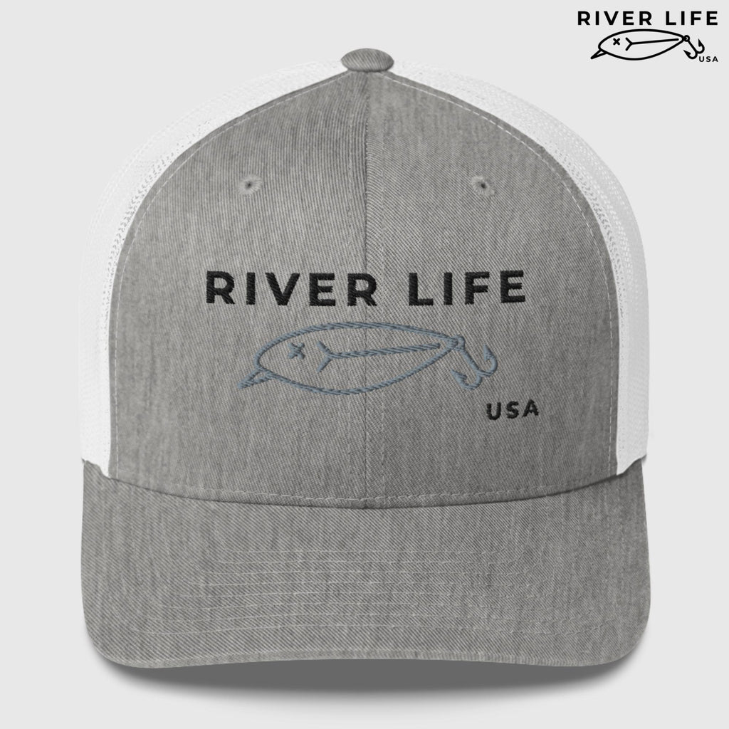 Lure Logo (black/gray embroidery) | Snapback Trucker Cap-Heather Grey/White-River Life USA