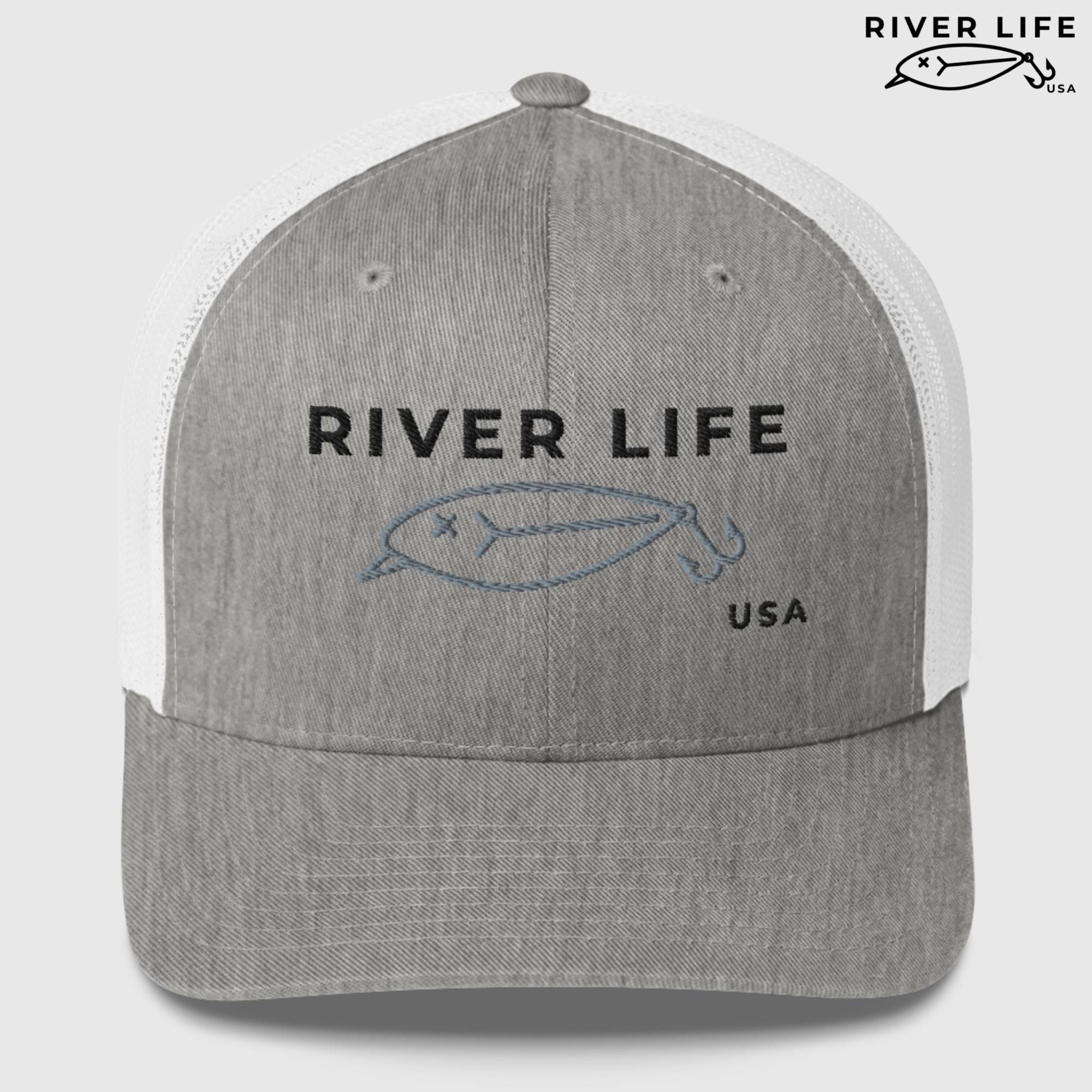 Lure Logo (black/gray embroidery) | Snapback Trucker Cap-Heather Grey/White-River Life USA