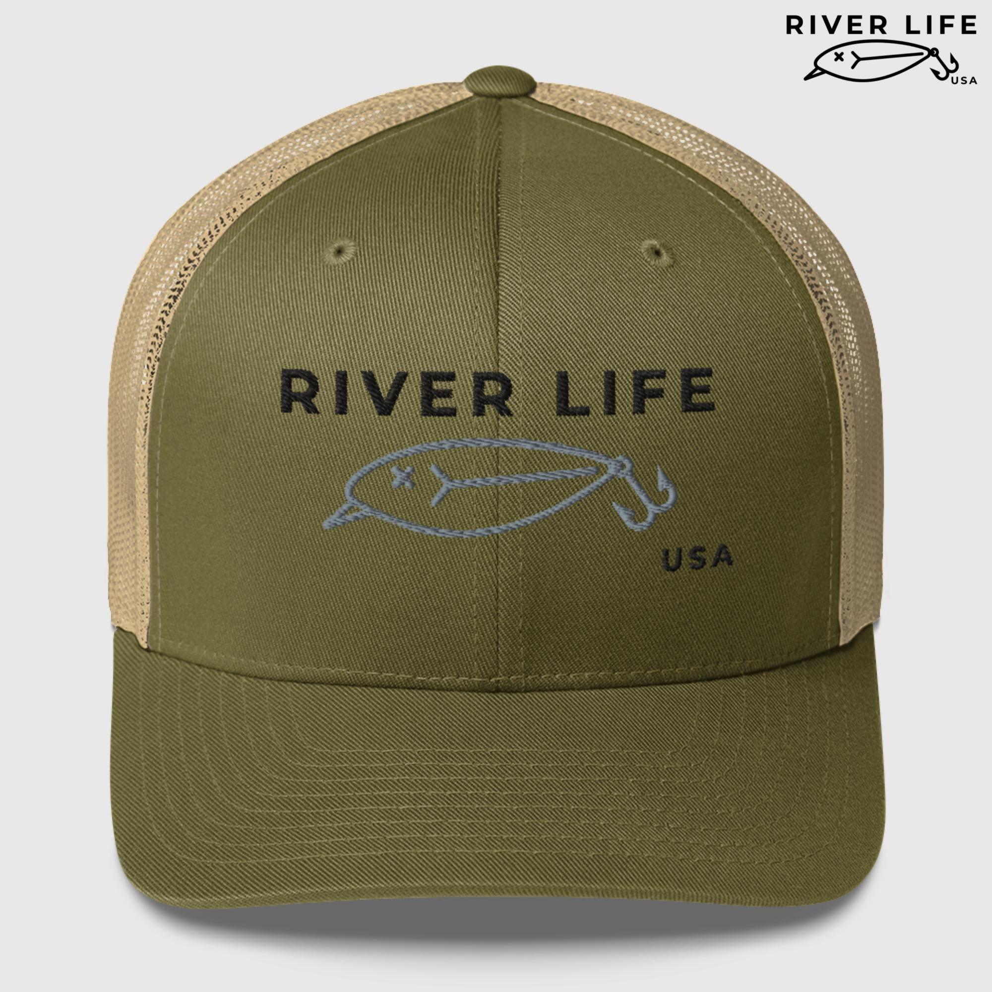 Lure Logo (black/gray embroidery) | Snapback Trucker Cap-Moss/ Khaki-River Life USA