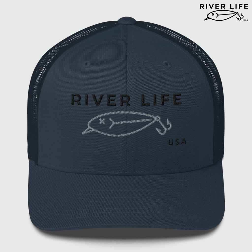 Lure Logo (black/gray embroidery) | Snapback Trucker Cap-Navy-River Life USA