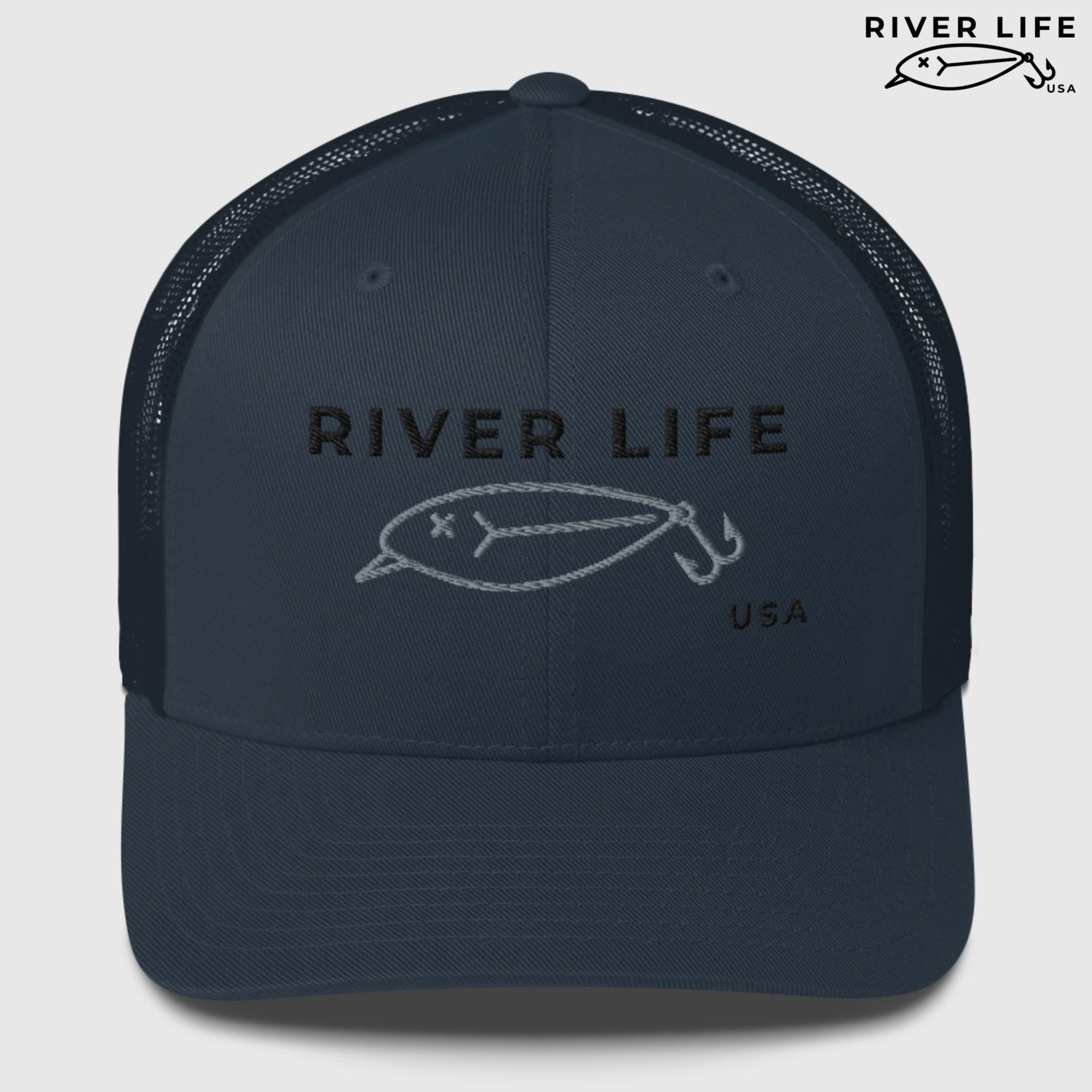 Lure Logo (black/gray embroidery) | Snapback Trucker Cap-Navy-River Life USA