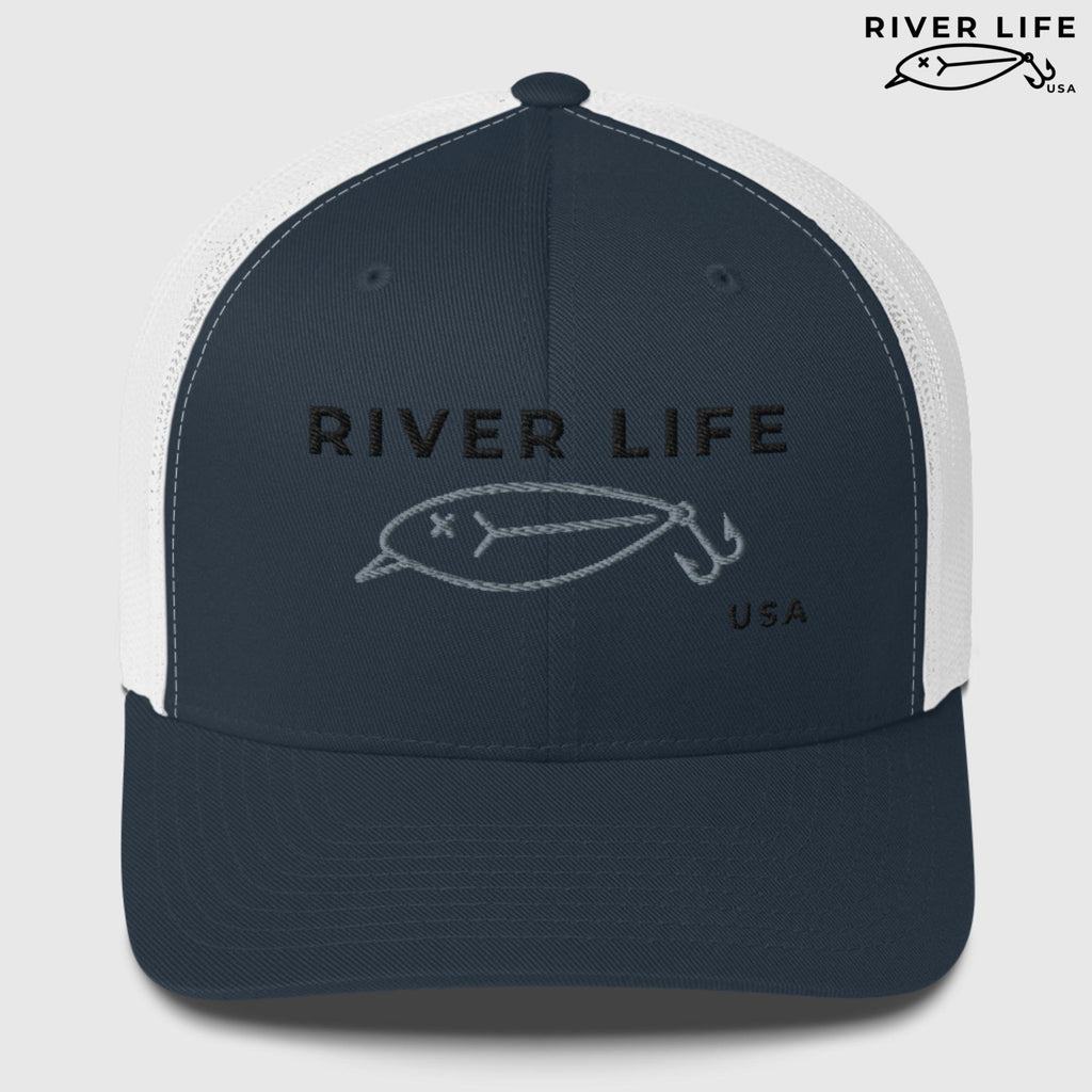Lure Logo (black/gray embroidery) | Snapback Trucker Cap-Navy/ White-River Life USA