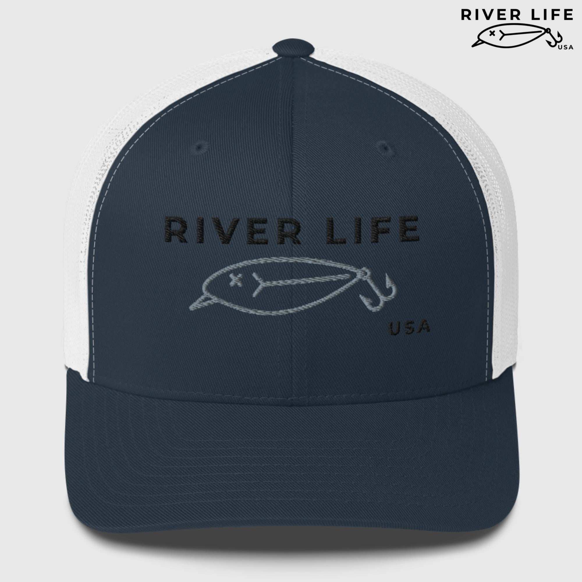 Lure Logo (black/gray embroidery) | Snapback Trucker Cap-Navy/ White-River Life USA