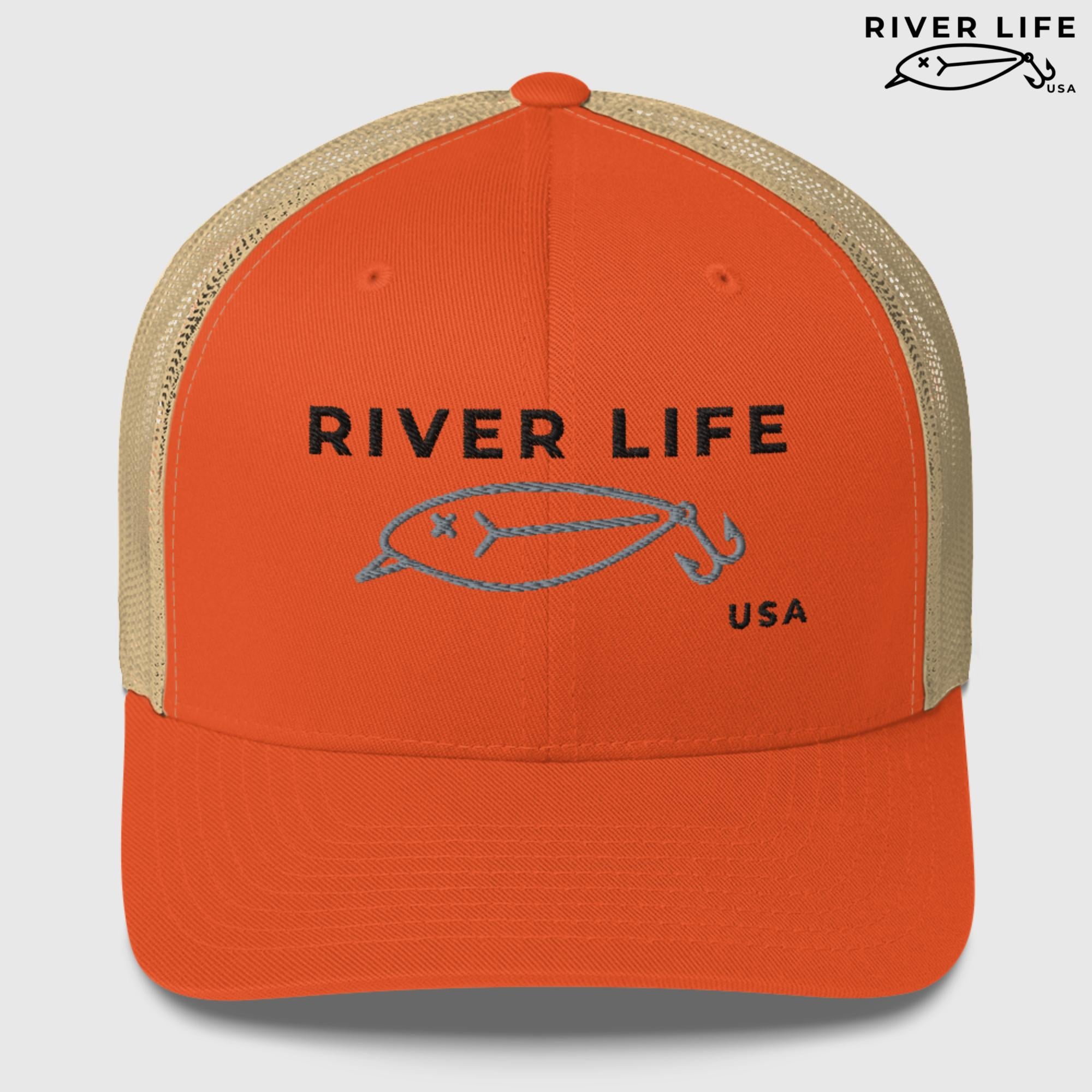 Lure Logo (black/gray embroidery) | Snapback Trucker Cap-Rustic Orange/ Khaki-River Life USA