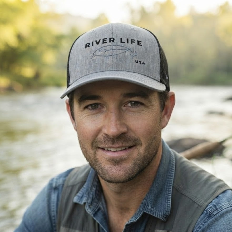 Lure Logo (black/gray embroidery) | Snapback Trucker Cap-Heather/ Black-River Life USA