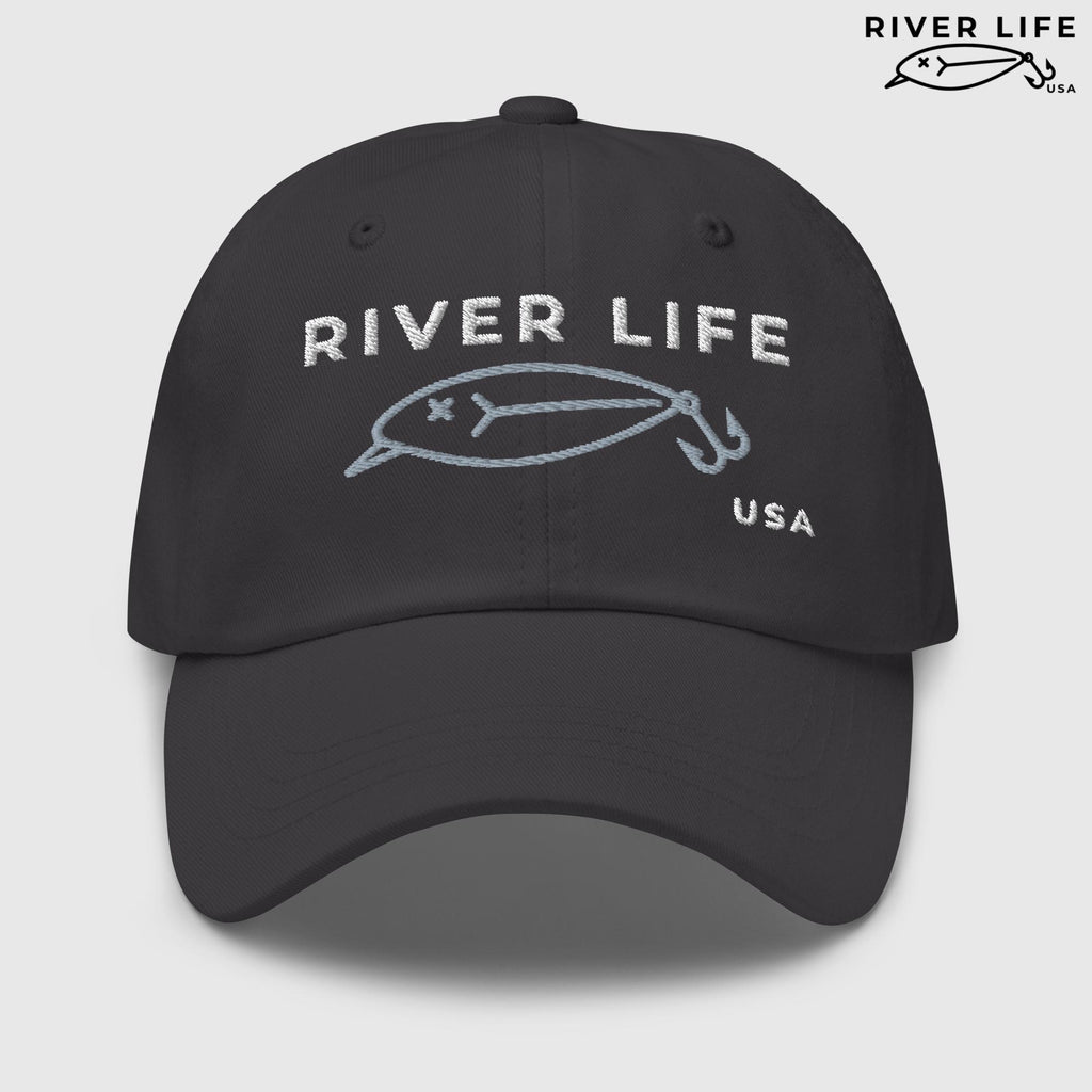 Lure Logo (white/gray embroidery) | Adjustable Dad Hat-Dark Grey-River Life USA