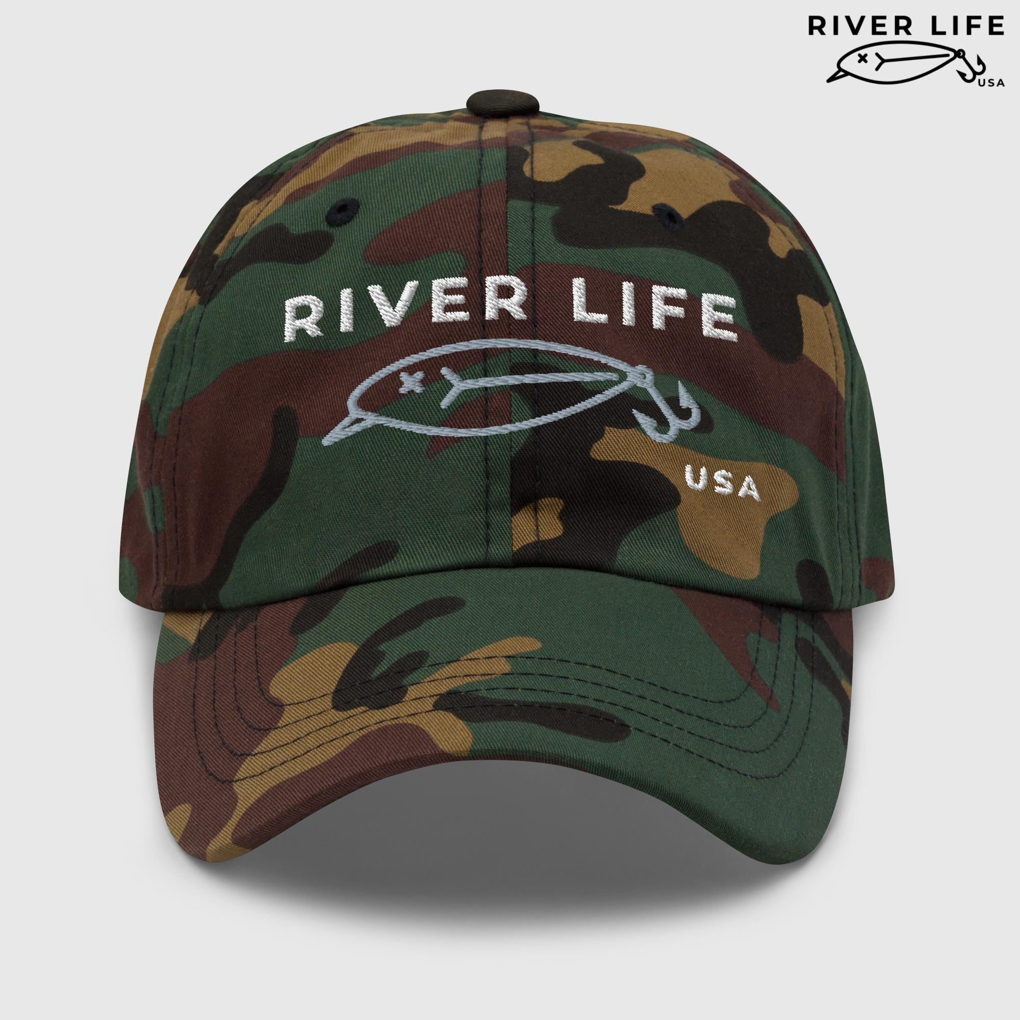 Lure Logo (white/gray embroidery) | Adjustable Dad Hat-Green Camo-River Life USA