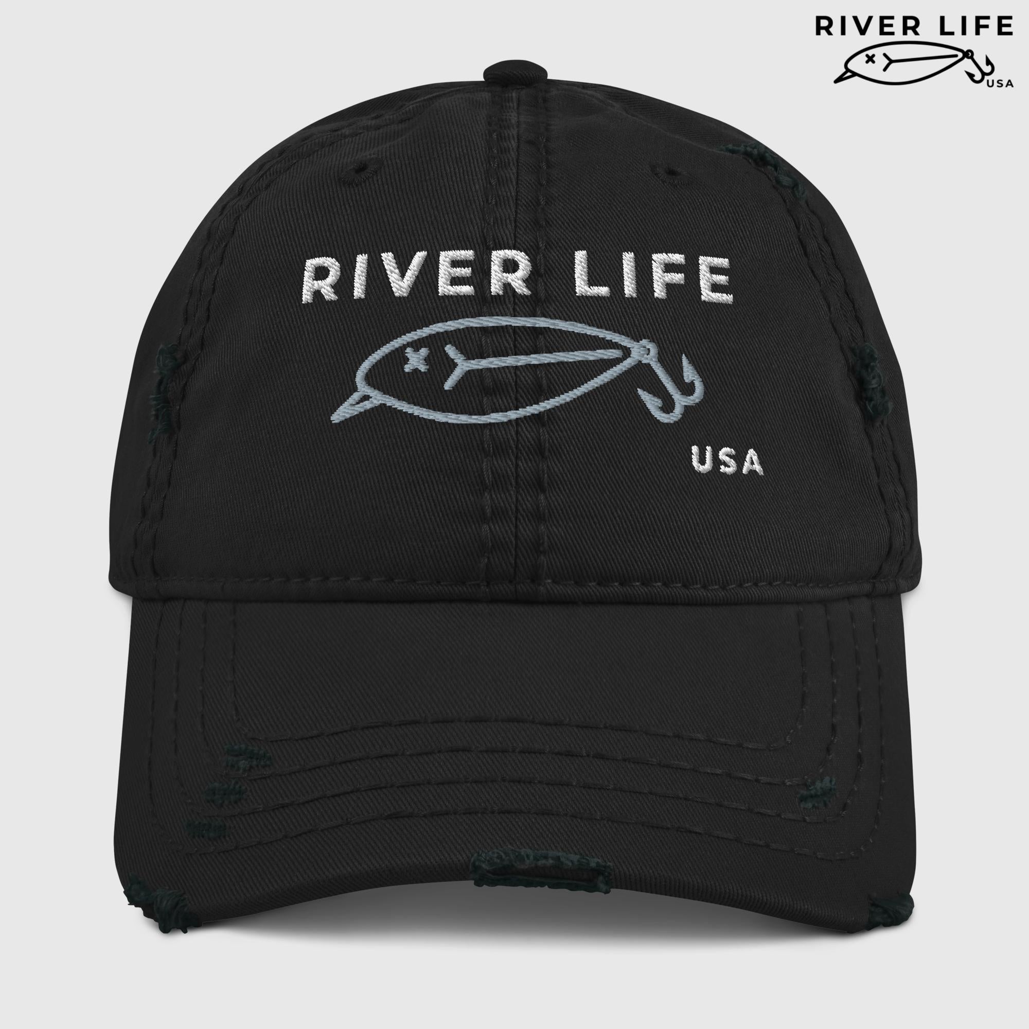 Lure Logo (white/gray embroidery) | Adjustable Distressed Dad Hat-Black-River Life USA