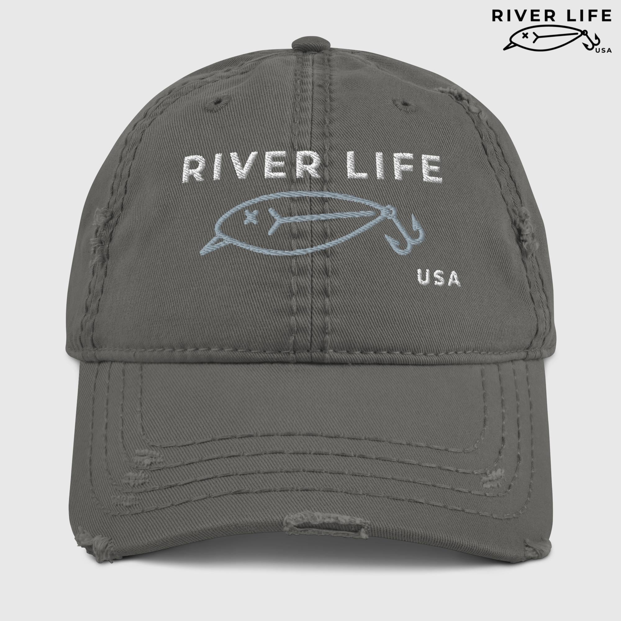 Lure Logo (white/gray embroidery) | Adjustable Distressed Dad Hat-Charcoal Grey-River Life USA