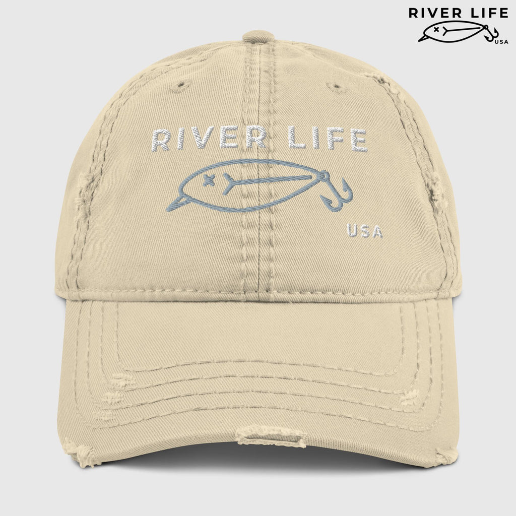 Lure Logo (white/gray embroidery) | Adjustable Distressed Dad Hat-Khaki-River Life USA