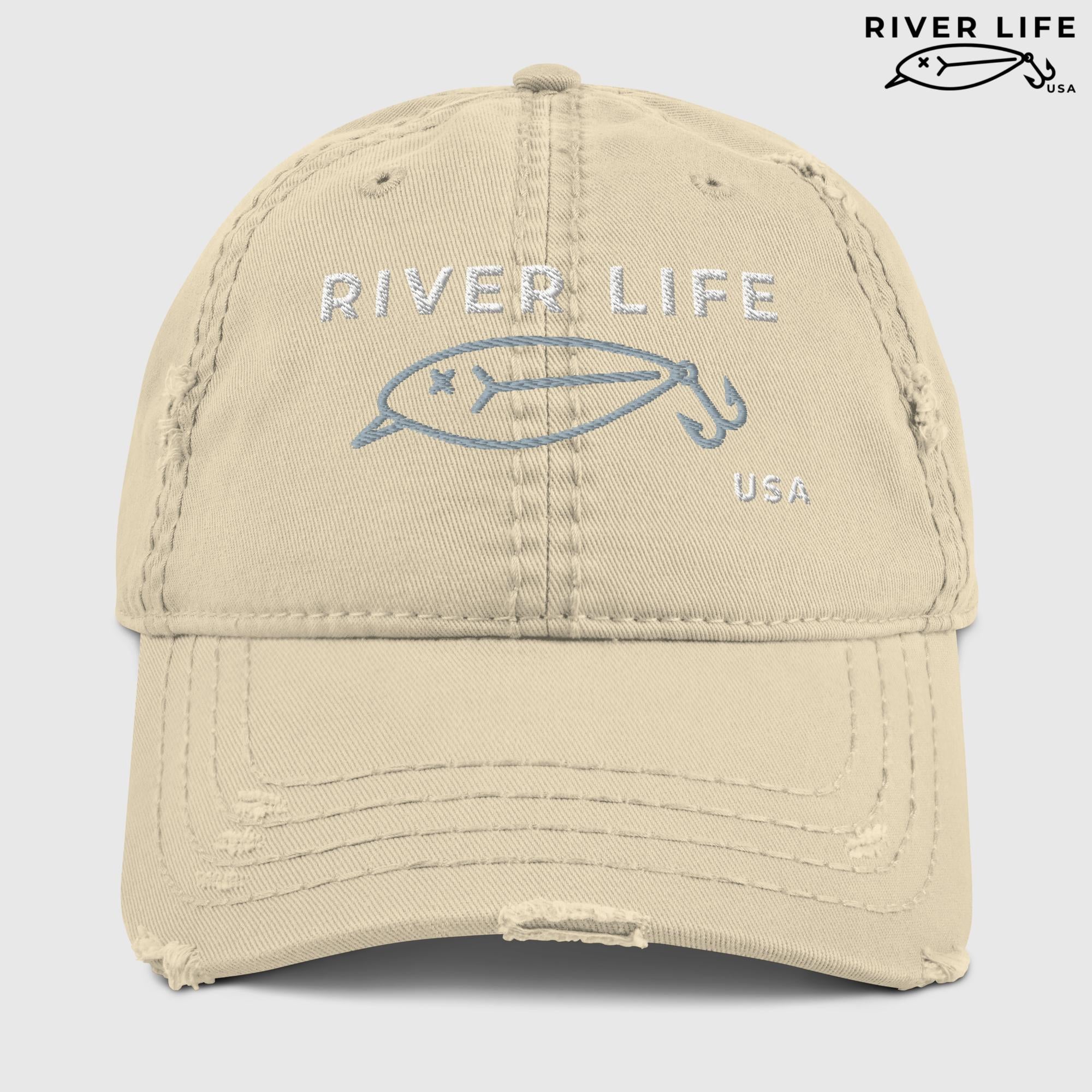 Lure Logo (white/gray embroidery) | Adjustable Distressed Dad Hat-Khaki-River Life USA