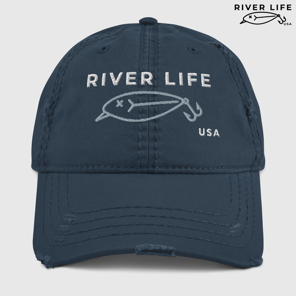 Lure Logo (white/gray embroidery) | Adjustable Distressed Dad Hat-Navy-River Life USA