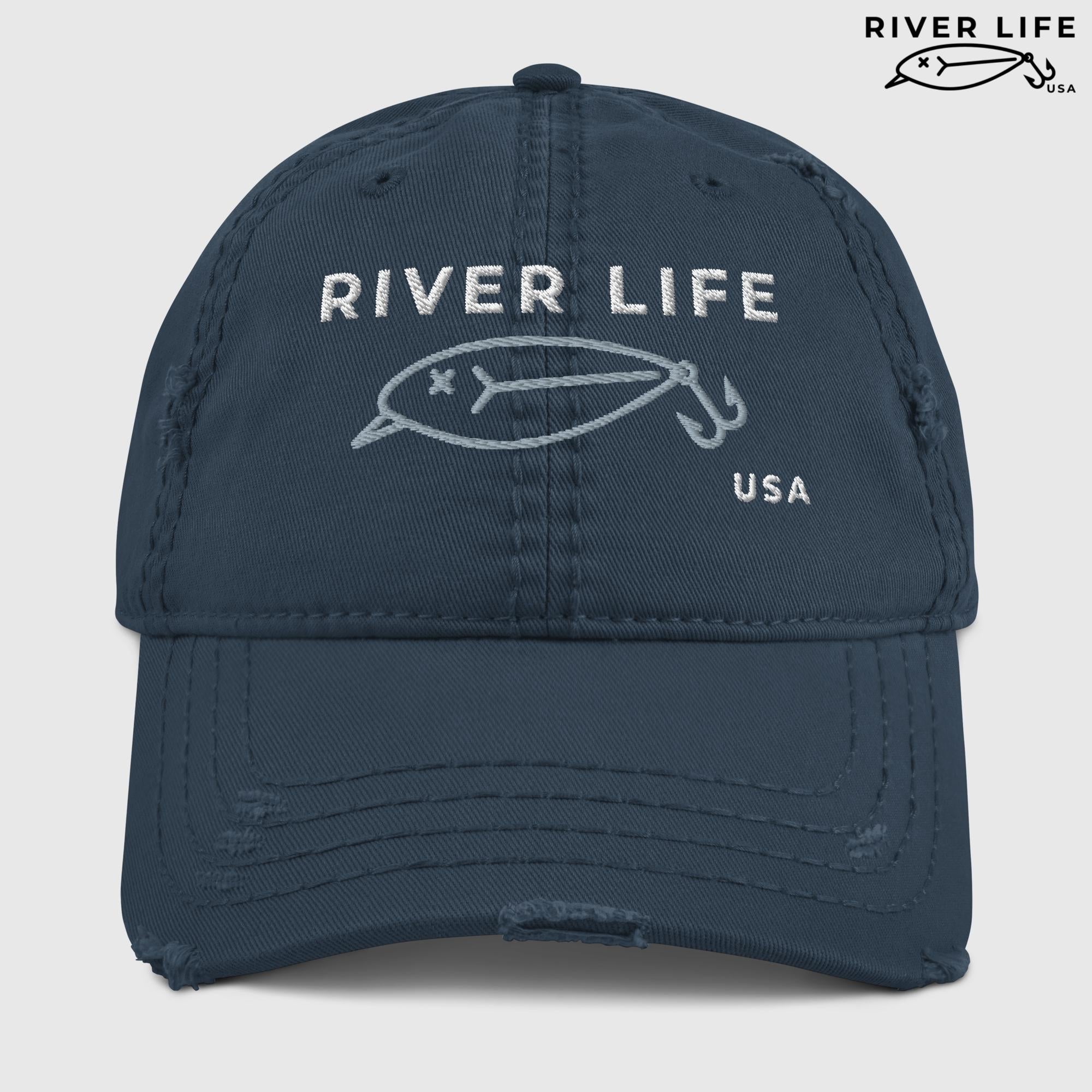 Lure Logo (white/gray embroidery) | Adjustable Distressed Dad Hat-Navy-River Life USA