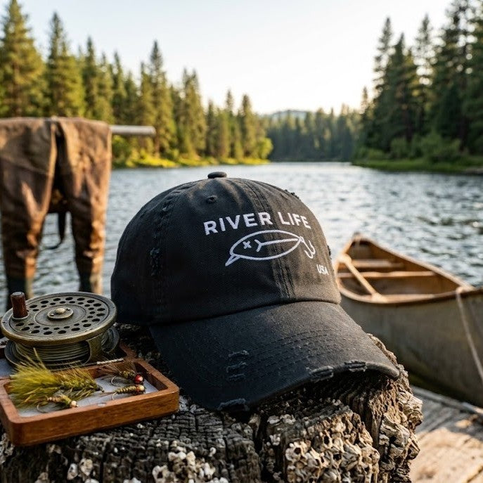 Lure Logo (white/gray embroidery) | Adjustable Distressed Dad Hat-Black-River Life USA