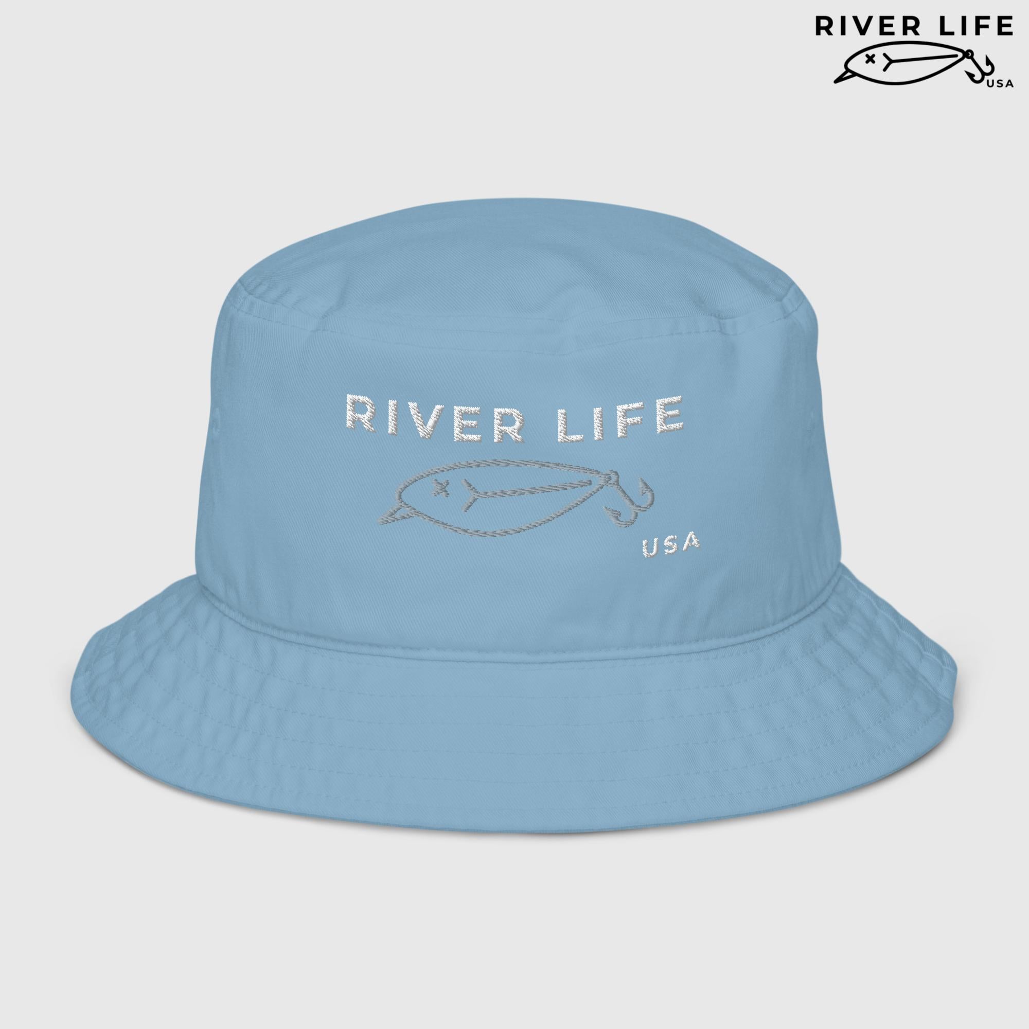 Lure Logo (white/gray embroidery) | Premium Organic Bucket Hat-Slate Blue-River Life USA