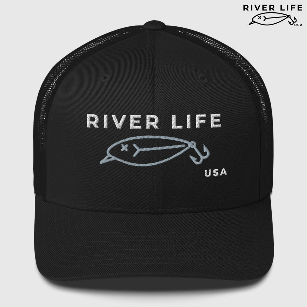 Lure Logo (white/gray embroidery) | Snapback Trucker Cap-Black-River Life USA