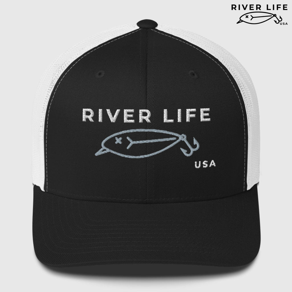 Lure Logo (white/gray embroidery) | Snapback Trucker Cap-Black/ White-River Life USA