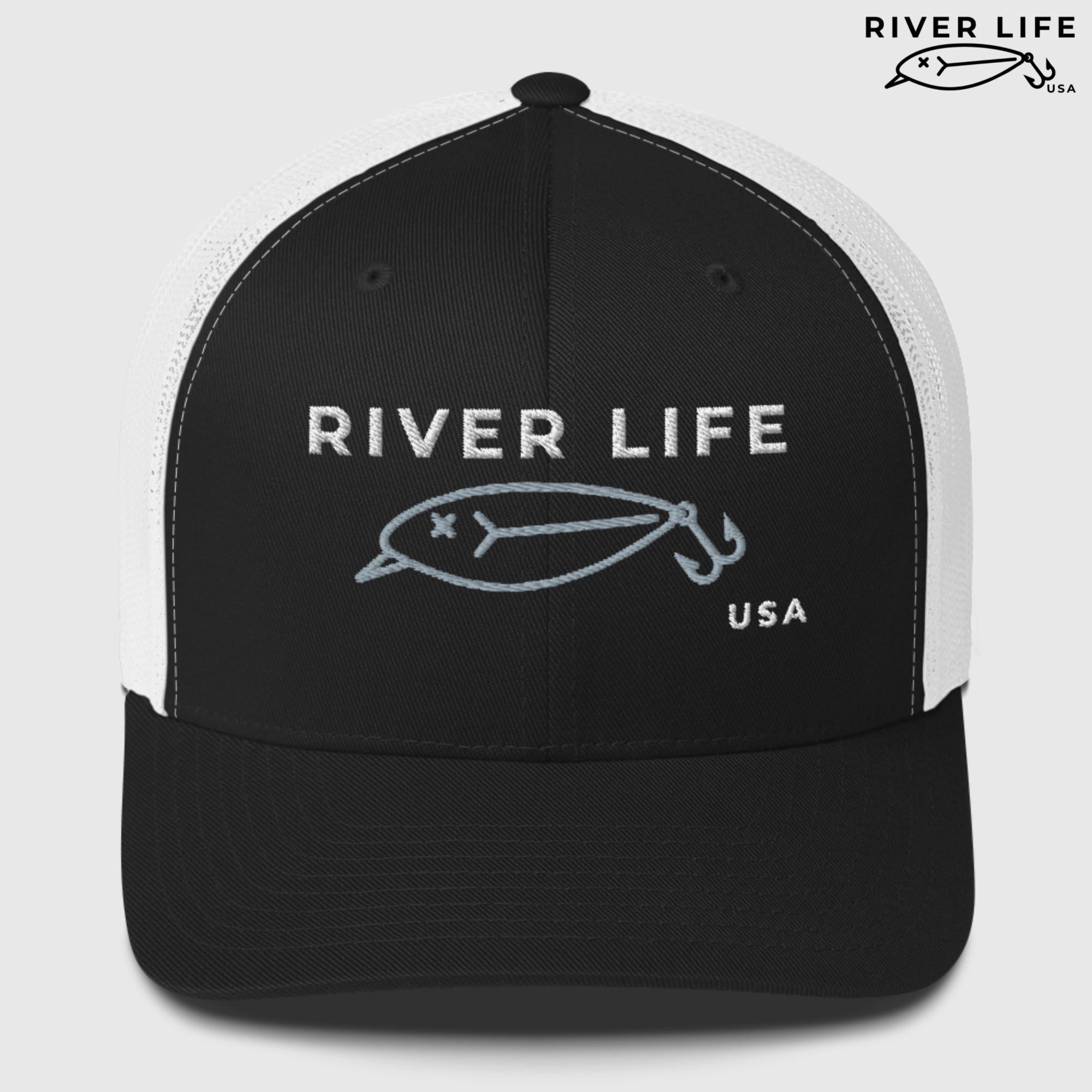 Lure Logo (white/gray embroidery) | Snapback Trucker Cap-Black/ White-River Life USA