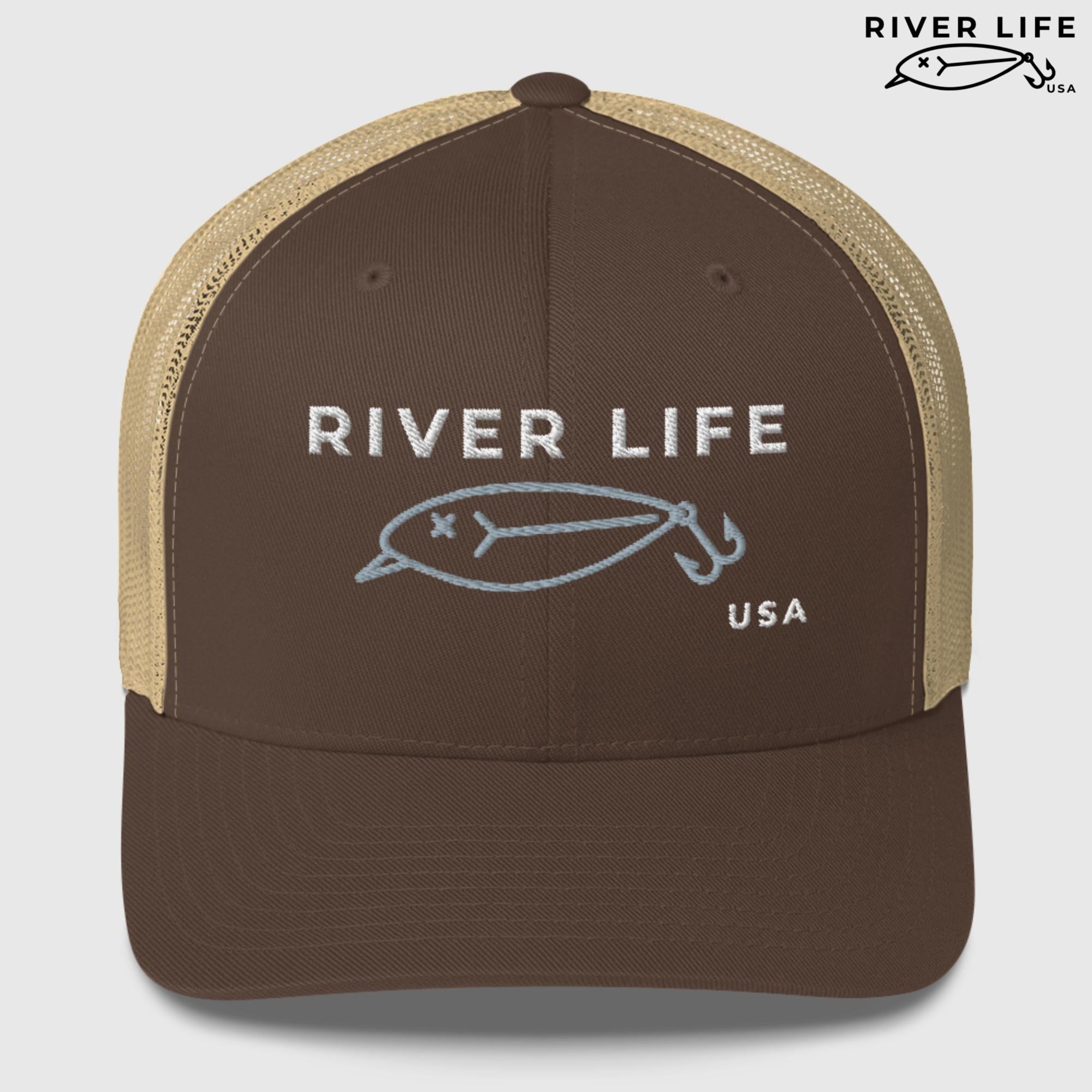 Lure Logo (white/gray embroidery) | Snapback Trucker Cap-Brown/ Khaki-River Life USA