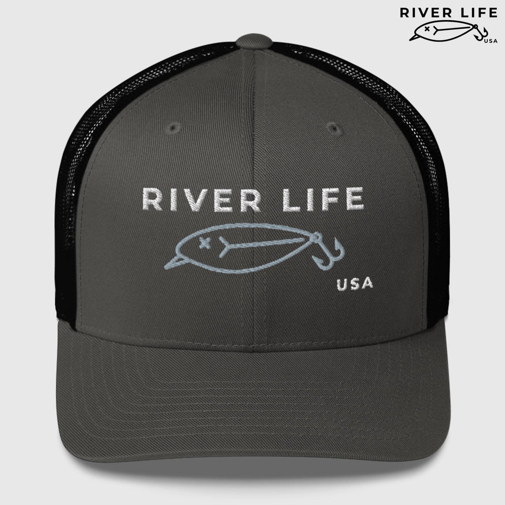 Lure Logo (white/gray embroidery) | Snapback Trucker Cap-Charcoal/ Black-River Life USA