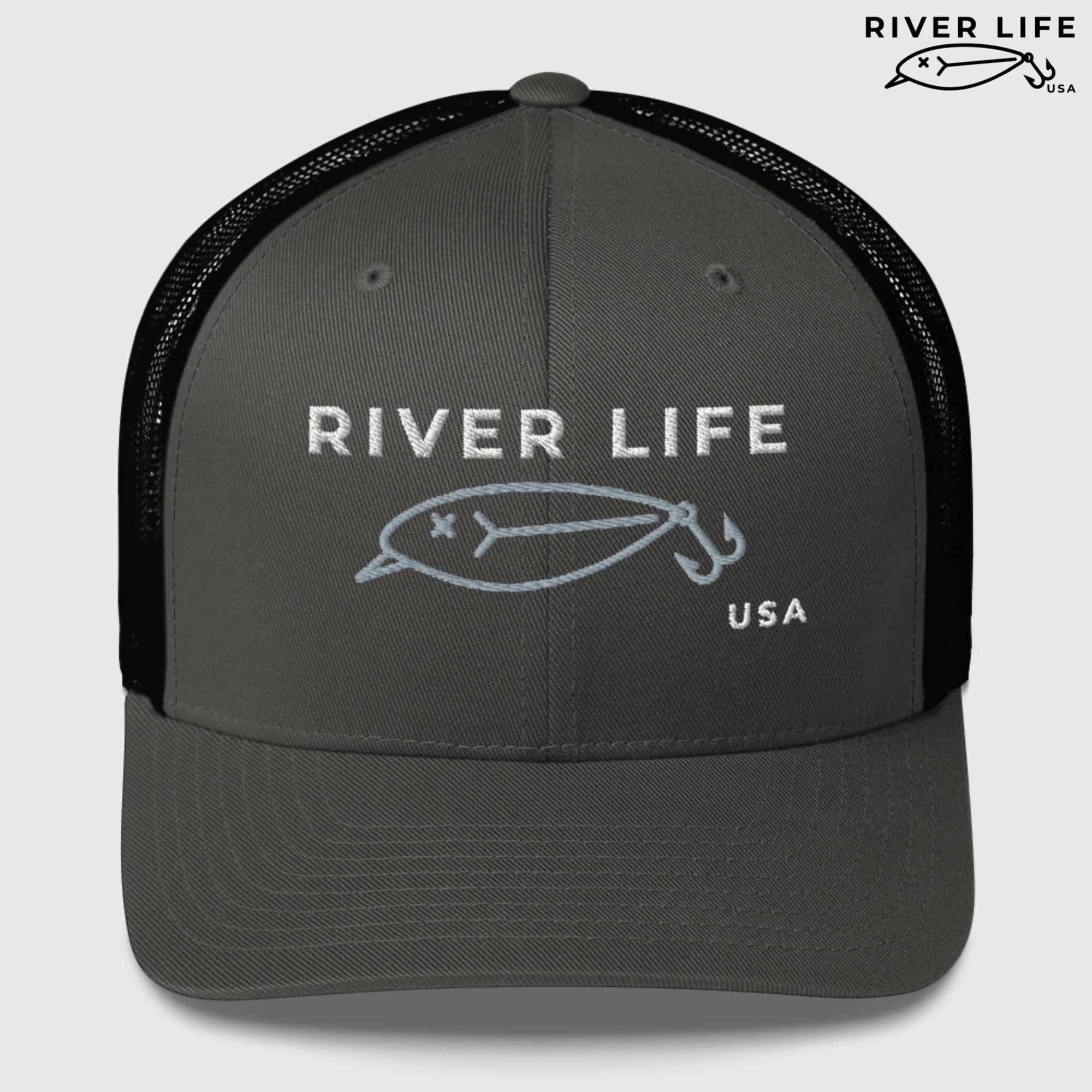 Lure Logo (white/gray embroidery) | Snapback Trucker Cap-Charcoal/ Black-River Life USA