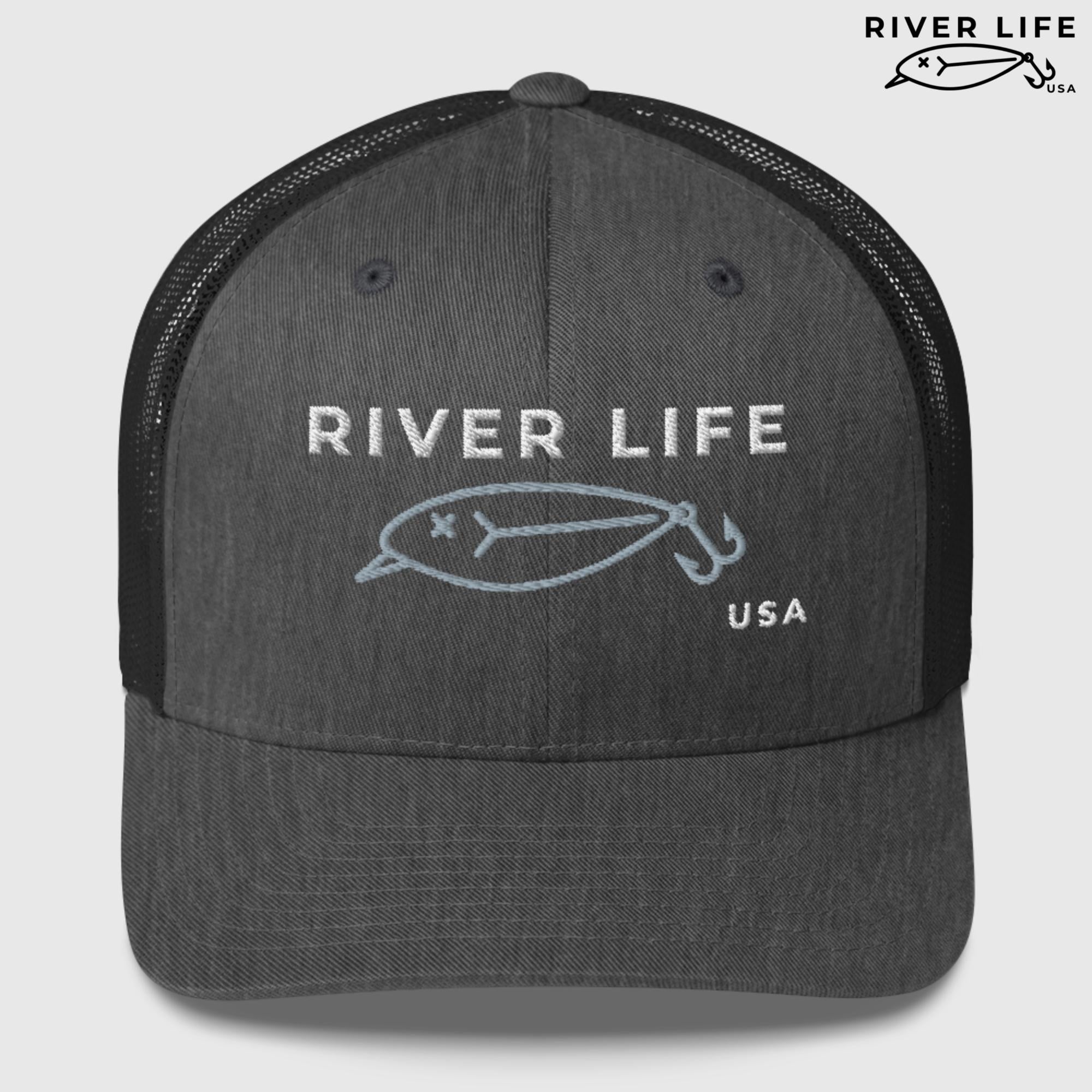 Lure Logo (white/gray embroidery) | Snapback Trucker Cap-Dark Heather Gray-River Life USA