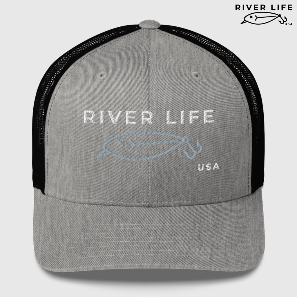 Lure Logo (white/gray embroidery) | Snapback Trucker Cap-Heather/ Black-River Life USA