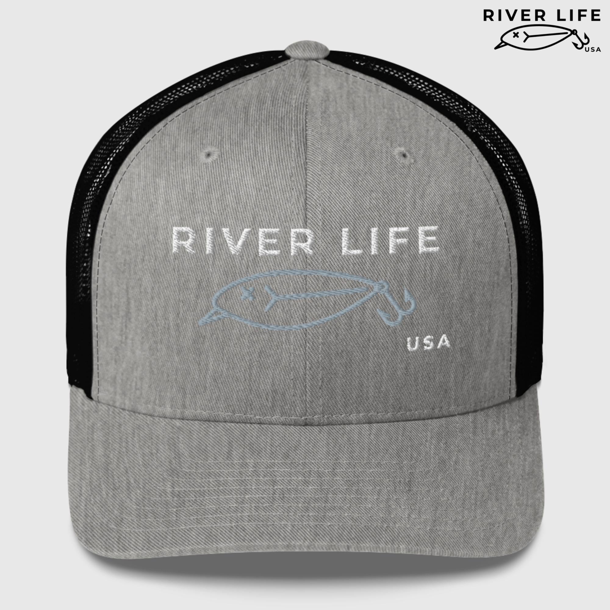 Lure Logo (white/gray embroidery) | Snapback Trucker Cap-Heather/ Black-River Life USA