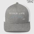 Lure Logo (white/gray embroidery) | Snapback Trucker Cap-Heather Grey/White-River Life USA