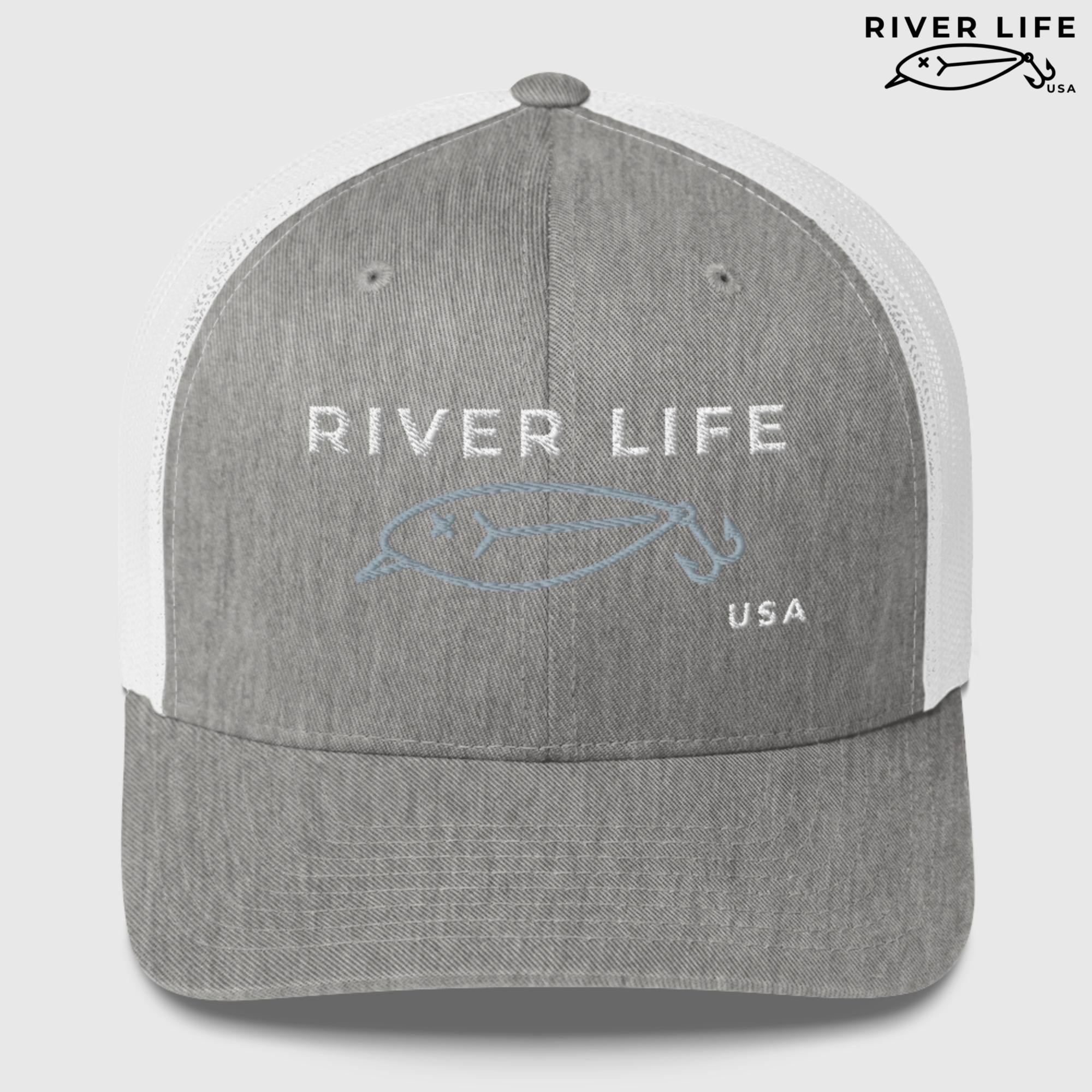 Lure Logo (white/gray embroidery) | Snapback Trucker Cap-Heather Grey/White-River Life USA