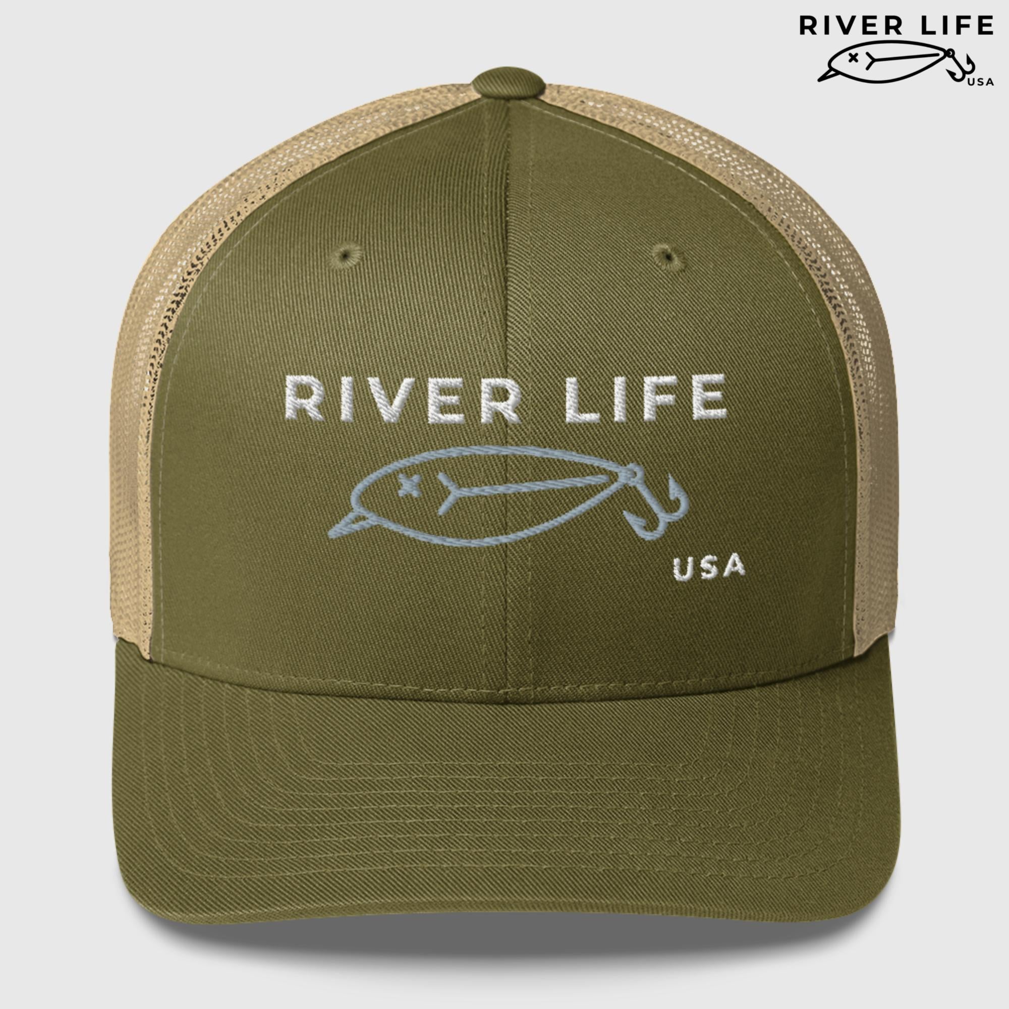 Lure Logo (white/gray embroidery) | Snapback Trucker Cap-Moss/ Khaki-River Life USA