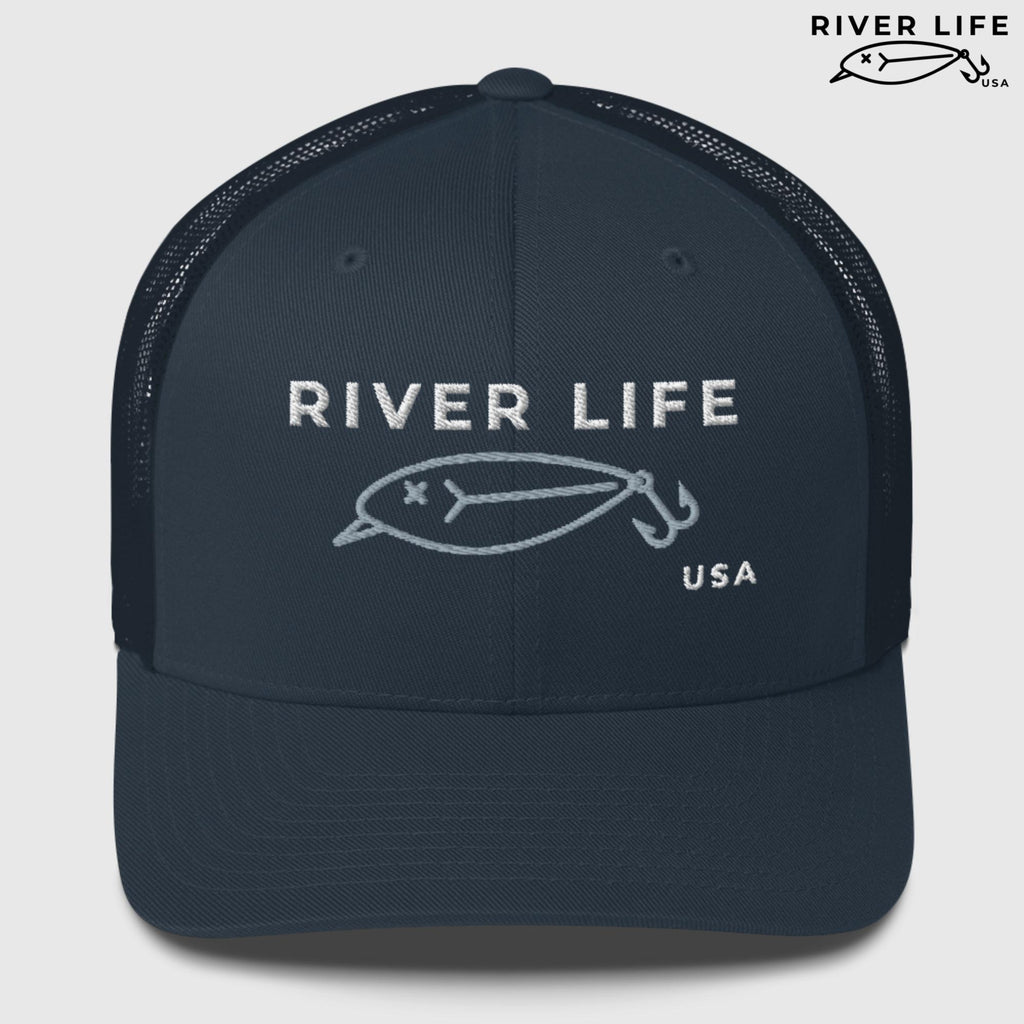 Lure Logo (white/gray embroidery) | Snapback Trucker Cap-Navy-River Life USA