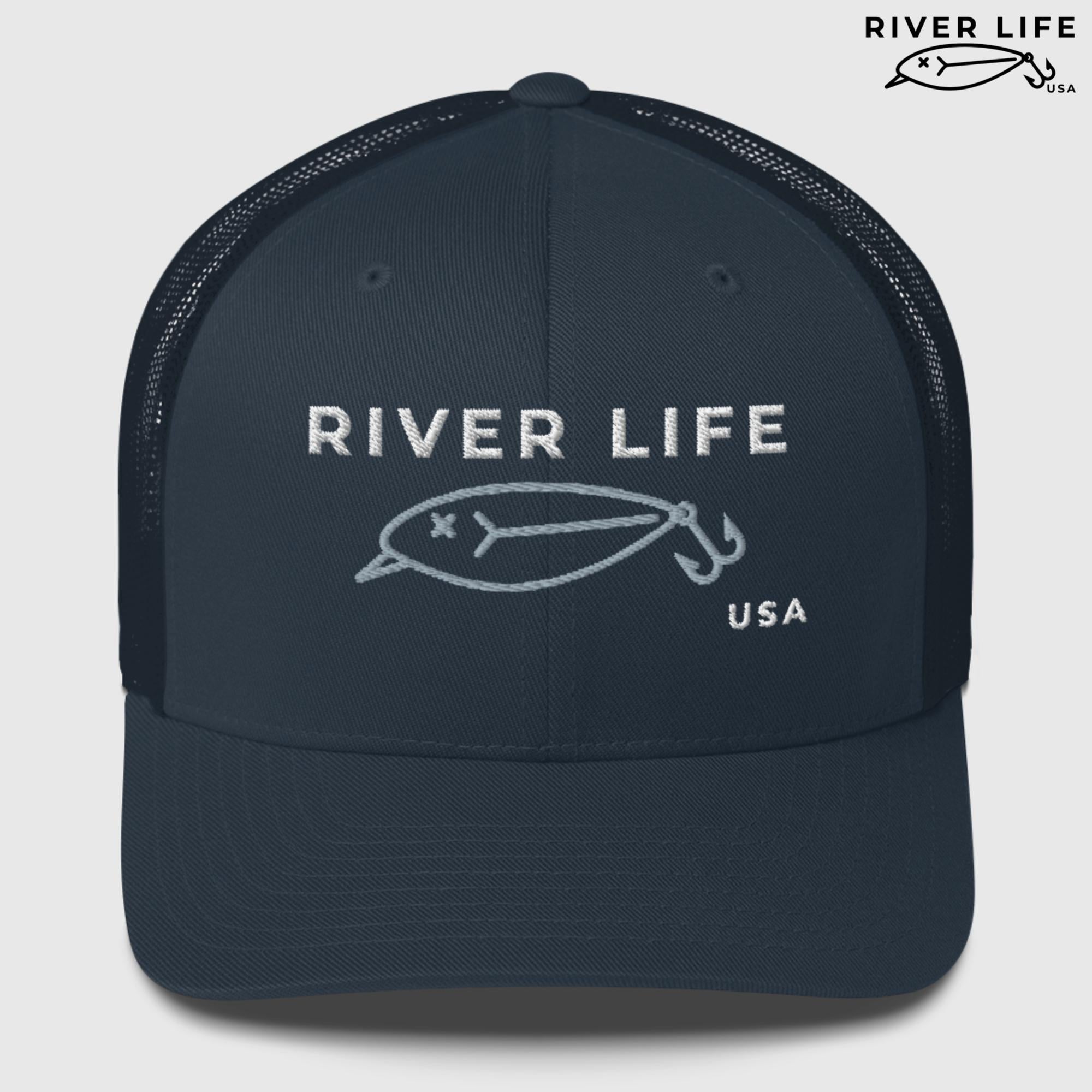 Lure Logo (white/gray embroidery) | Snapback Trucker Cap-Navy-River Life USA