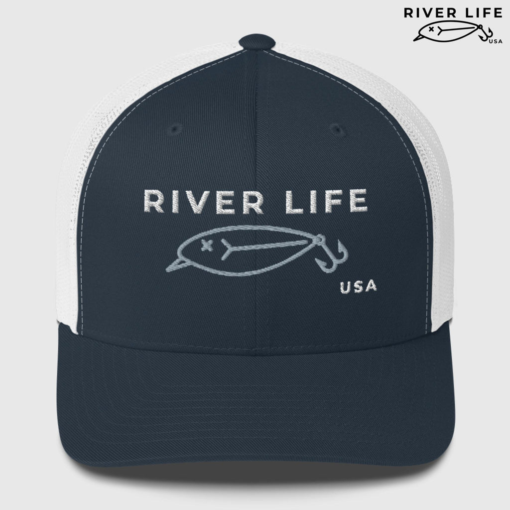 Lure Logo (white/gray embroidery) | Snapback Trucker Cap-Navy/ White-River Life USA