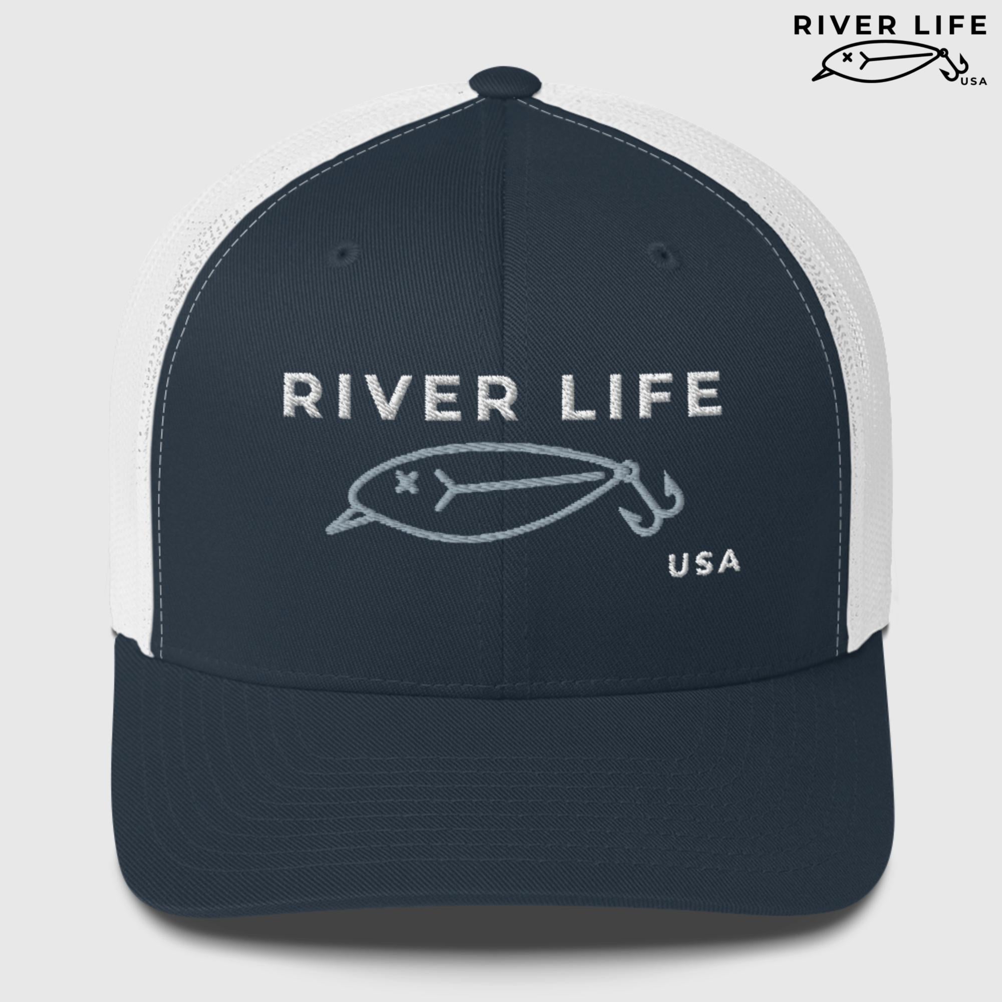Lure Logo (white/gray embroidery) | Snapback Trucker Cap-Navy/ White-River Life USA