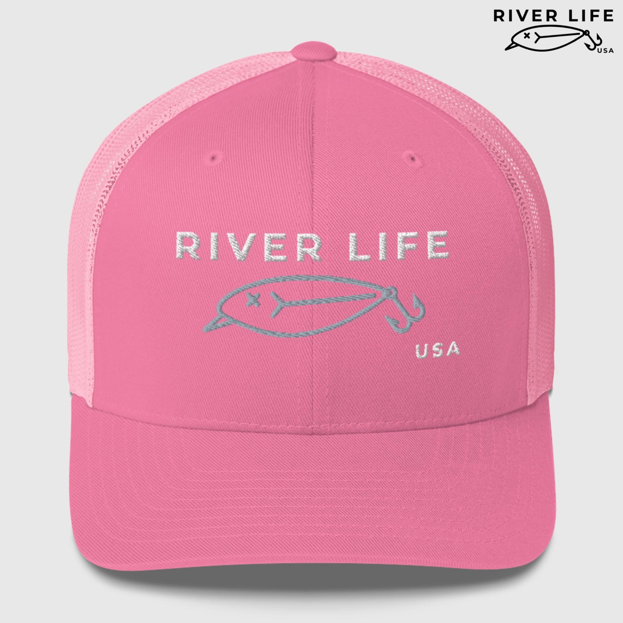 Lure Logo (white/gray embroidery) | Snapback Trucker Cap-Pink-River Life USA