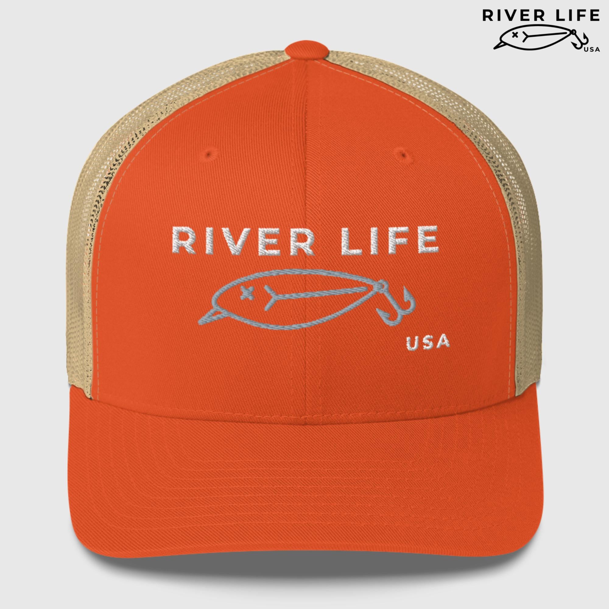 Lure Logo (white/gray embroidery) | Snapback Trucker Cap-Rustic Orange/ Khaki-River Life USA