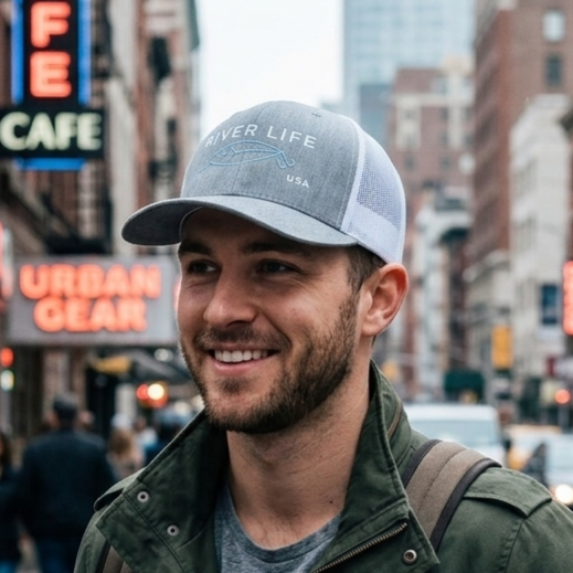 Lure Logo (white/gray embroidery) | Snapback Trucker Cap-Heather Grey/White-River Life USA
