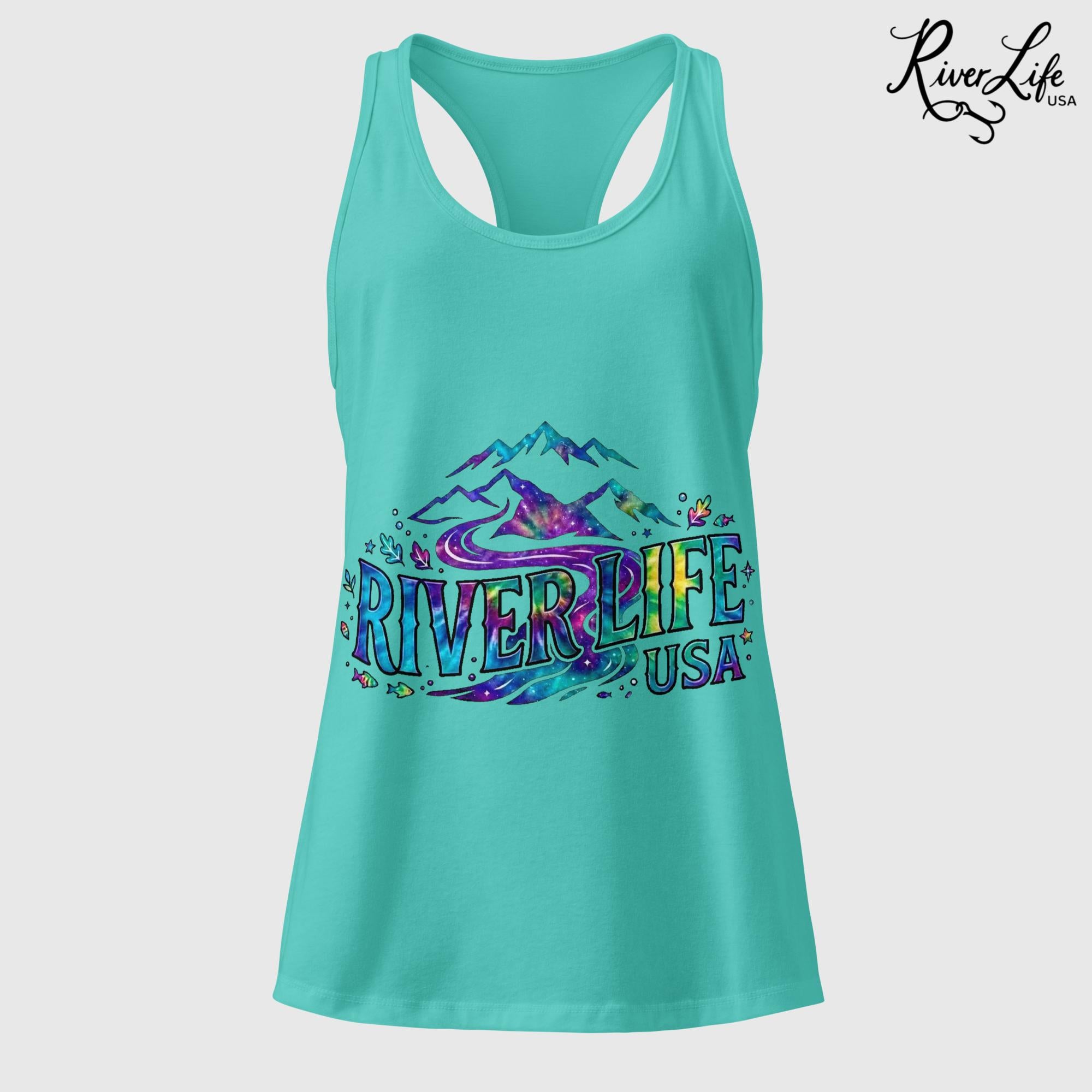 Mountain Colorful | Women’s Fitted Racerback Tank Top-Tahiti Blue-River Life USA