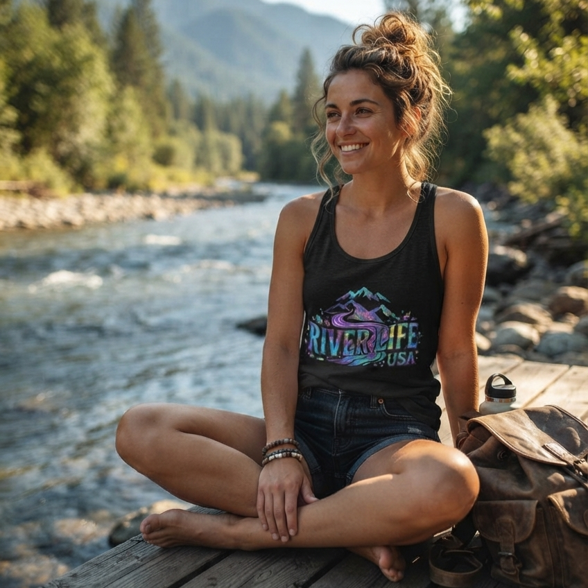 Mountain Colorful | Women’s Fitted Racerback Tank Top-Black-River Life USA