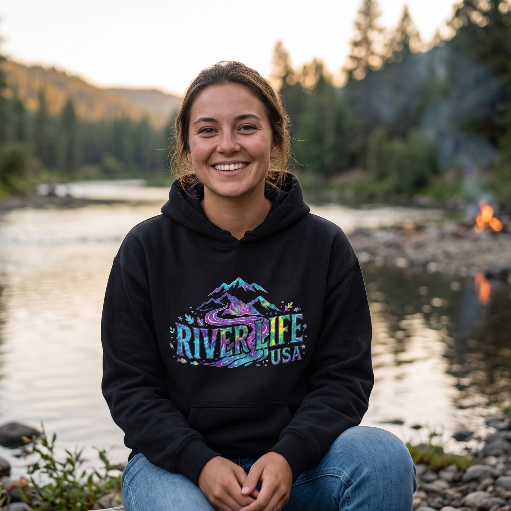 Mountain Colorful | Womens Pullover Hoodie-Black-River Life USA