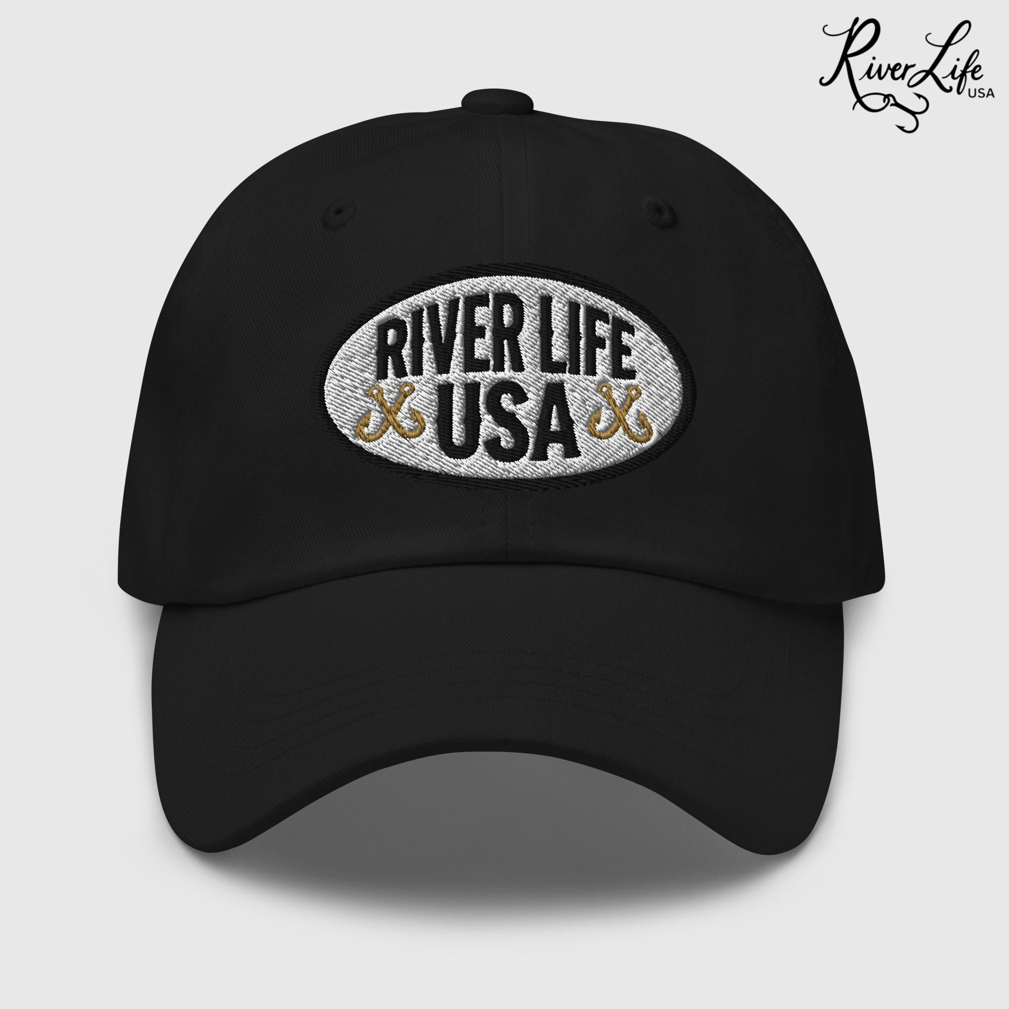 Oval Patch (embroidered) | Adjustable Dad Hat-Black-River Life USA