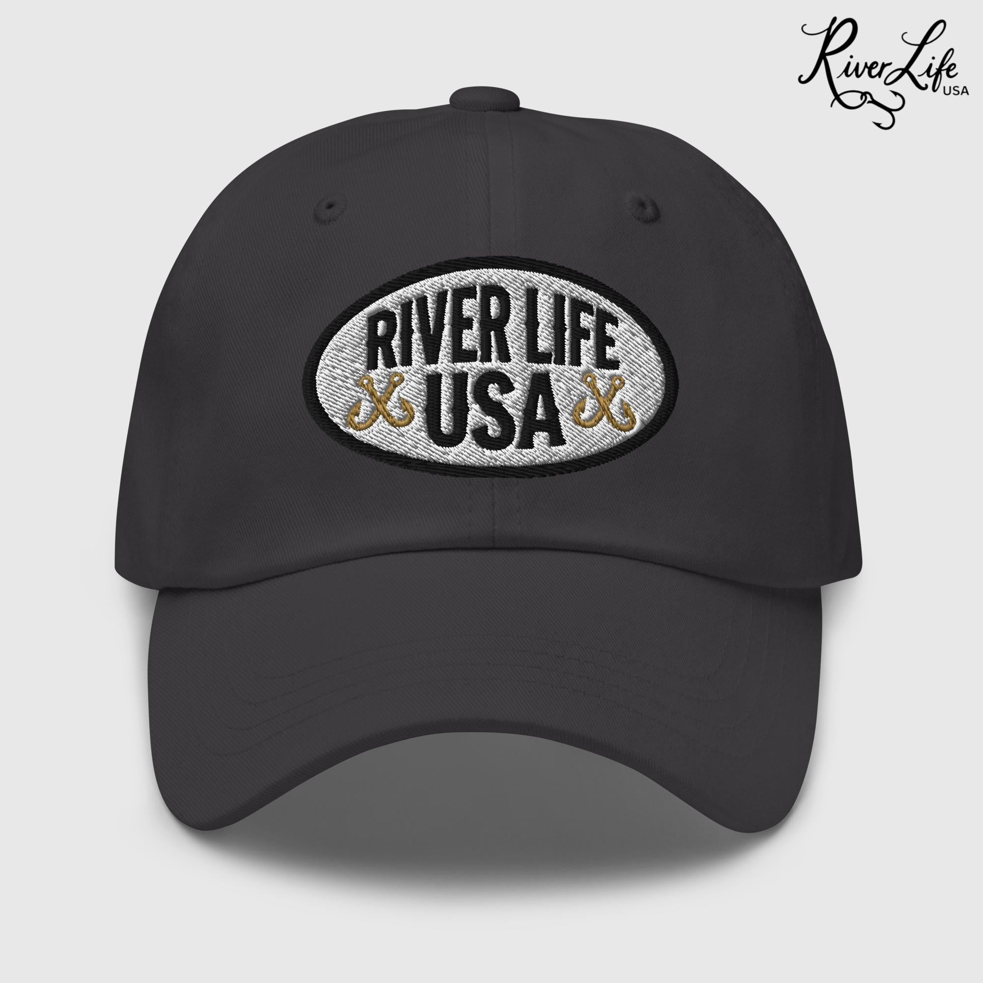 Oval Patch (embroidered) | Adjustable Dad Hat-Dark Grey-River Life USA