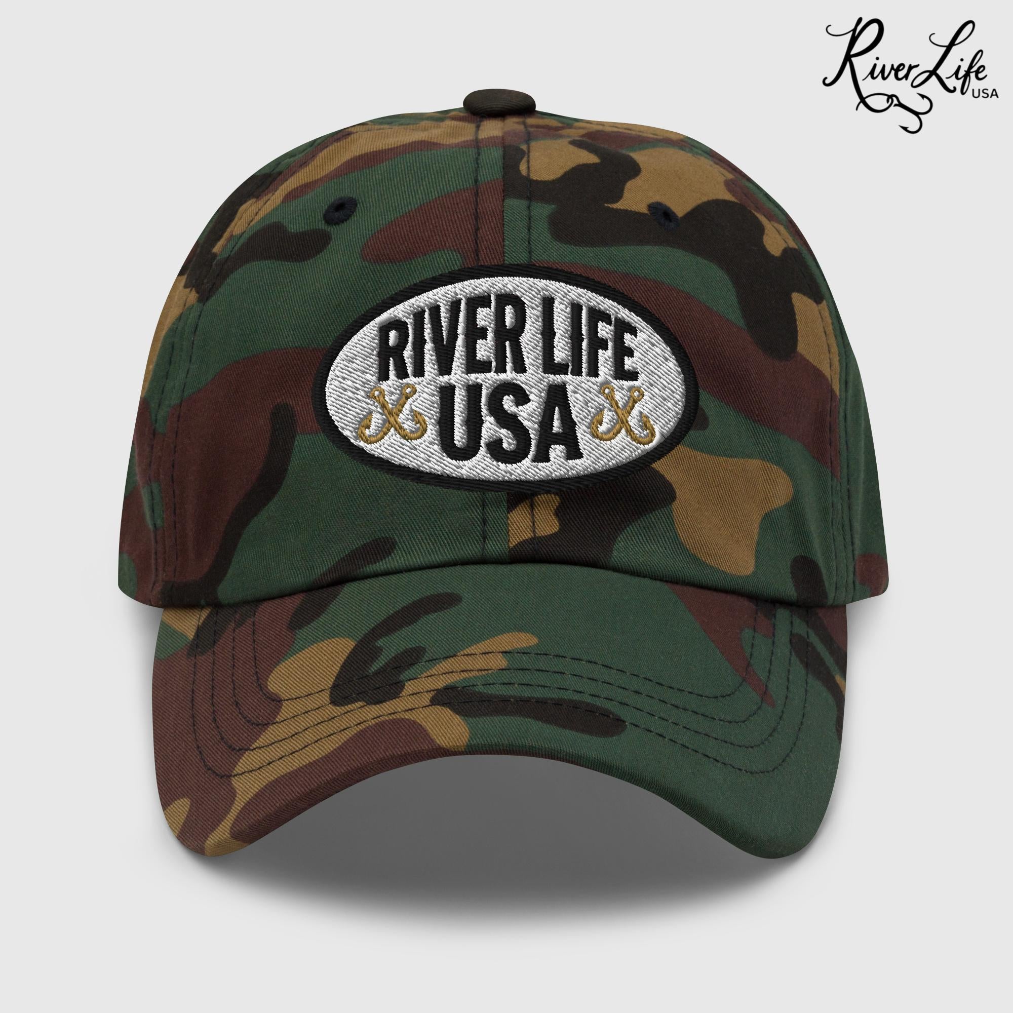Oval Patch (embroidered) | Adjustable Dad Hat-Green Camo-River Life USA