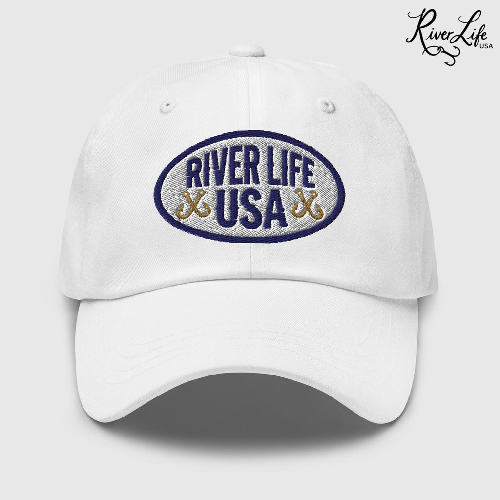 Oval Patch (embroidered) | Adjustable Dad Hat-White-River Life USA