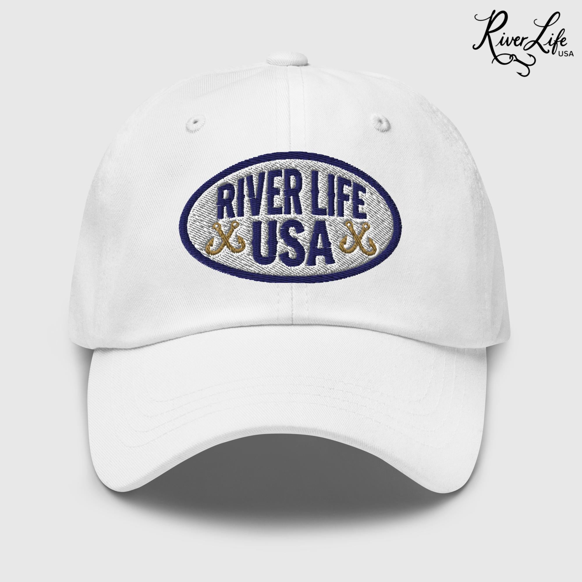 Oval Patch (embroidered) | Adjustable Dad Hat-White-River Life USA