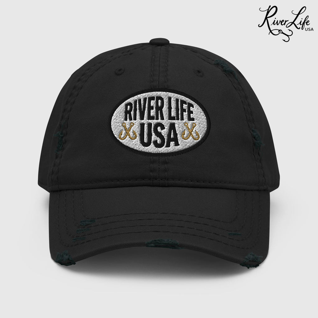 Oval Patch (embroidered) | Adjustable Distressed Dad Hat-Black-River Life USA