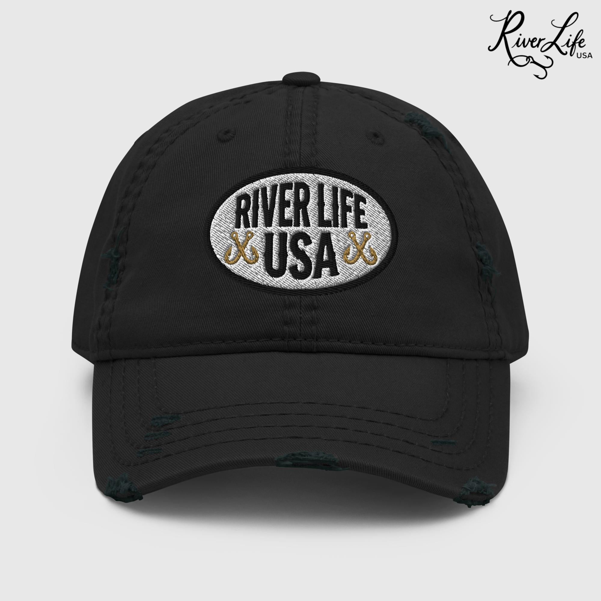 Oval Patch (embroidered) | Adjustable Distressed Dad Hat-Black-River Life USA
